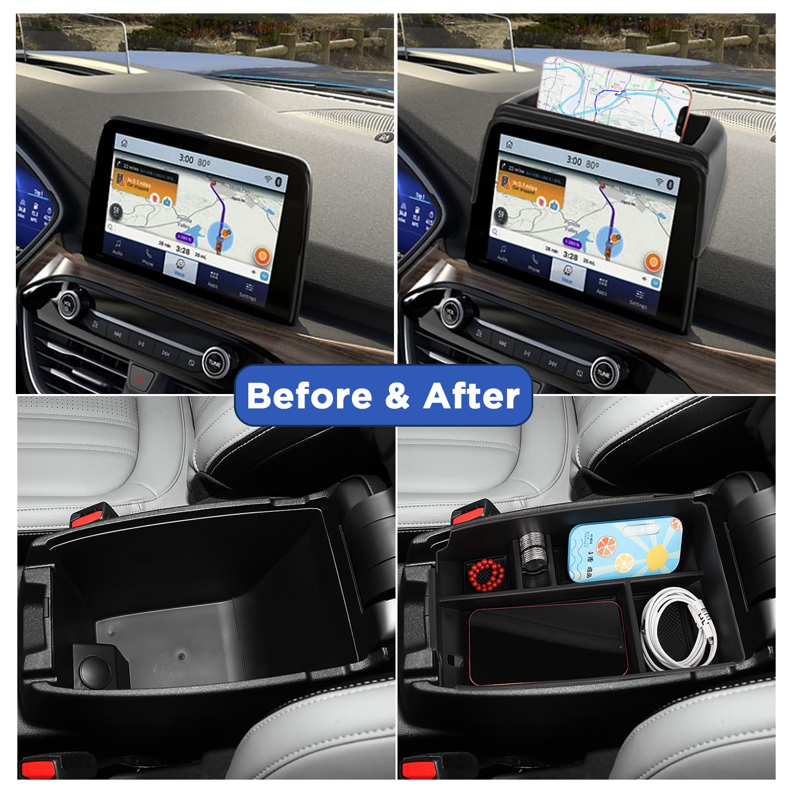 Carwiner 2 Pcs Center Console Organizer Compatible With Ford Escape Accessories 2020-2024 2025, Armrest Storage Box & Dash Organ