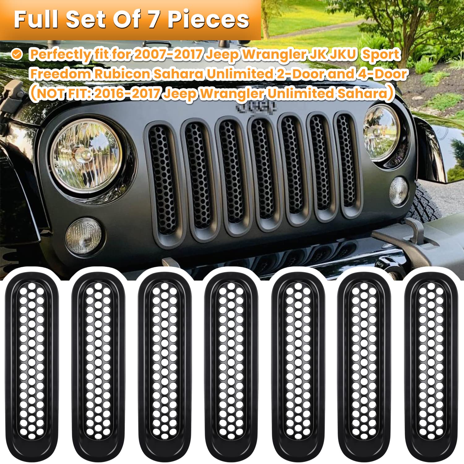 7Pcs Front Grill Mesh Inserts For Jeep Wrangler Jk Jku Unlimited 2007 2008 2009 2010 2011 2012 2013 2014 2015 2016 2017 2018 Grille Guard Cover Trim Clip-In Exterior Accessories (Matte Black)