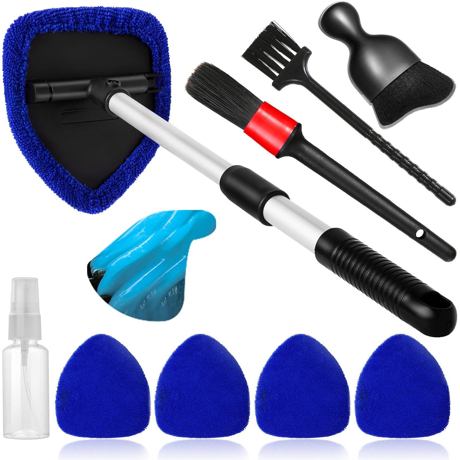 Qydipclin 10pcs Windshield Cleaner Tool, Car Window Cleaning Wash Kit with 4 Reusable Microfiber Pads 1 Spray Bottle and Extenda
