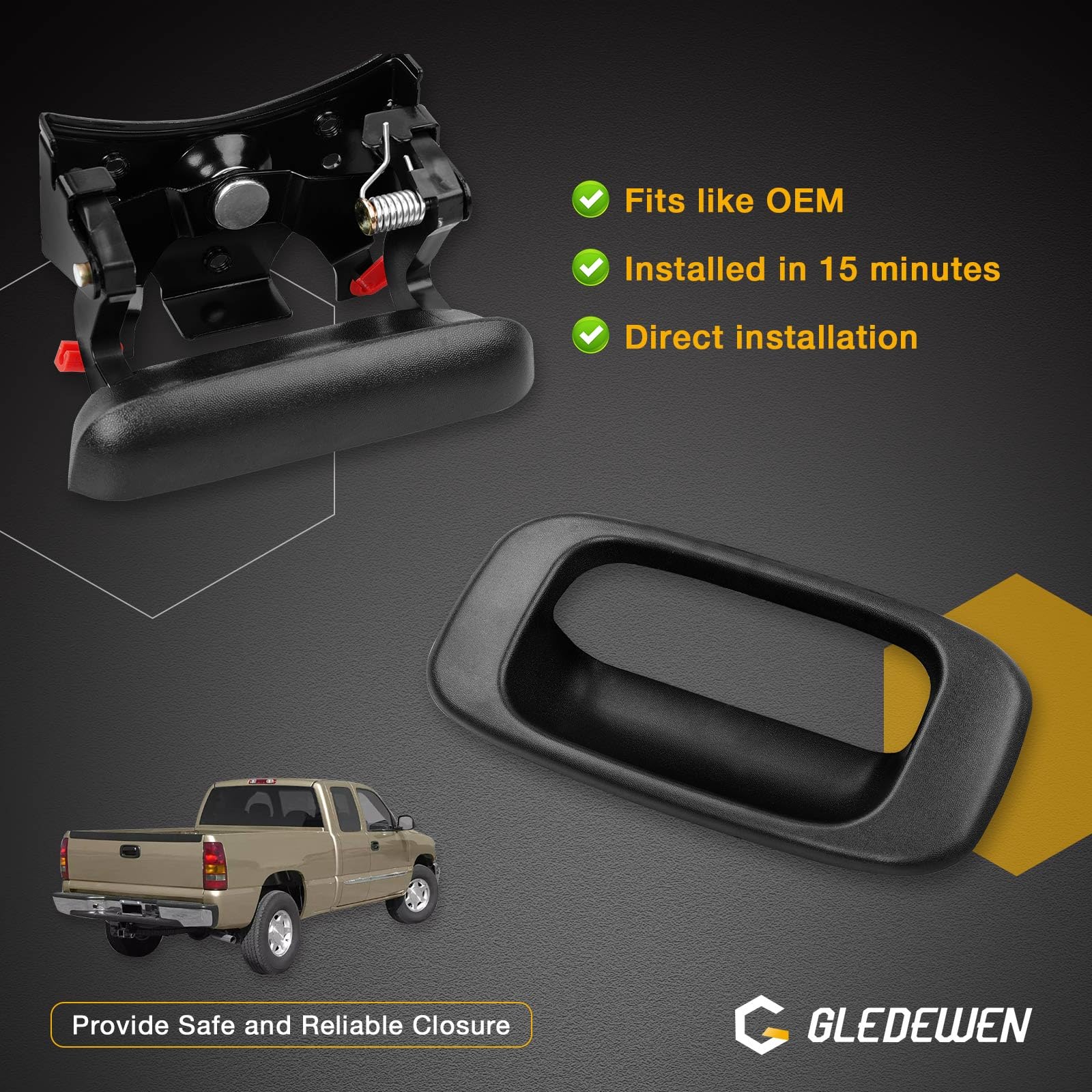 Gledewen Tailgate Handle Latch & Bezel Trim for 1999-2007 Chevy Silverado/GMC Sierra, Black, Plastic, Model GW-QMBS16