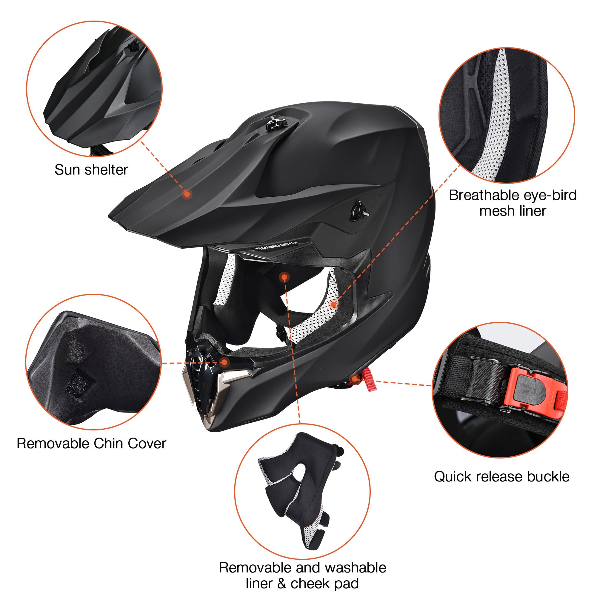 Ahr Offroad Full Face Motorcycle Helmet Motocross Dirt Atv Dot Matte Black Xl