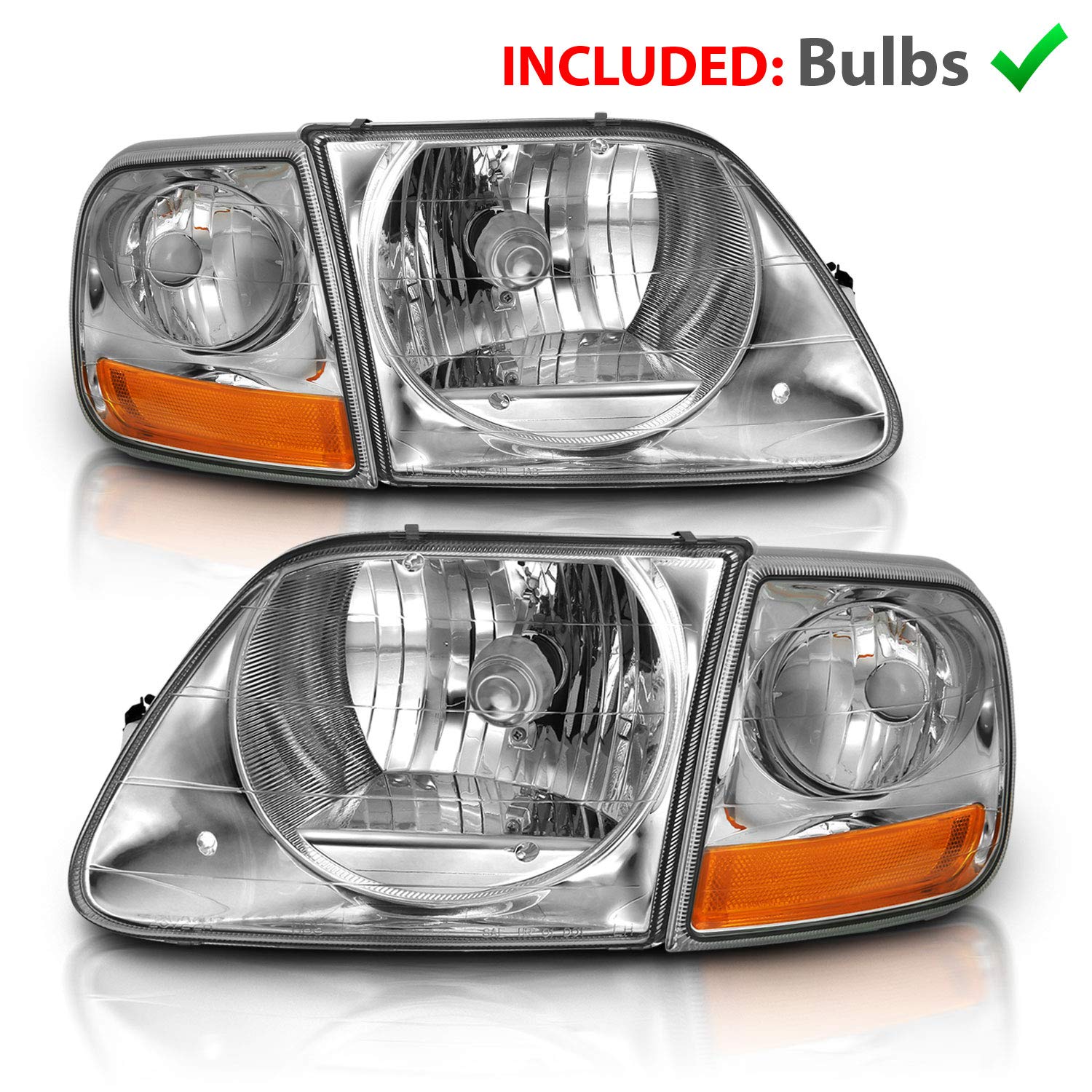AmeriLite Halogen Car Headlights Set for Ford F150 - Chrome, Factory Style, Driver and Passenger Light Assembly