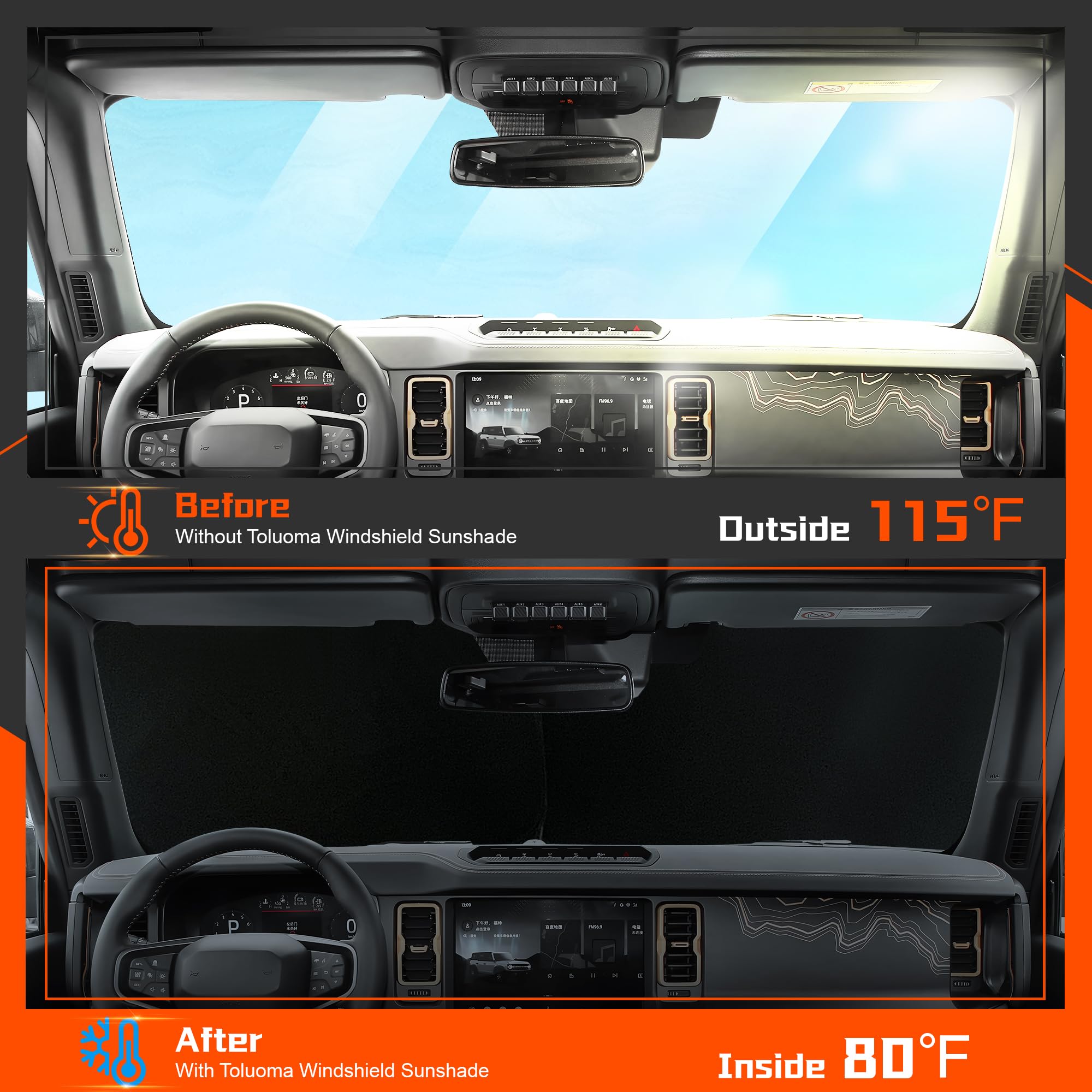 Toluoma Custom Fit Windshield Sun Shade For Honda Ridgeline 2017-2024 2025 - Full Coverage, 210T Reflective Fabric, Double-Layer