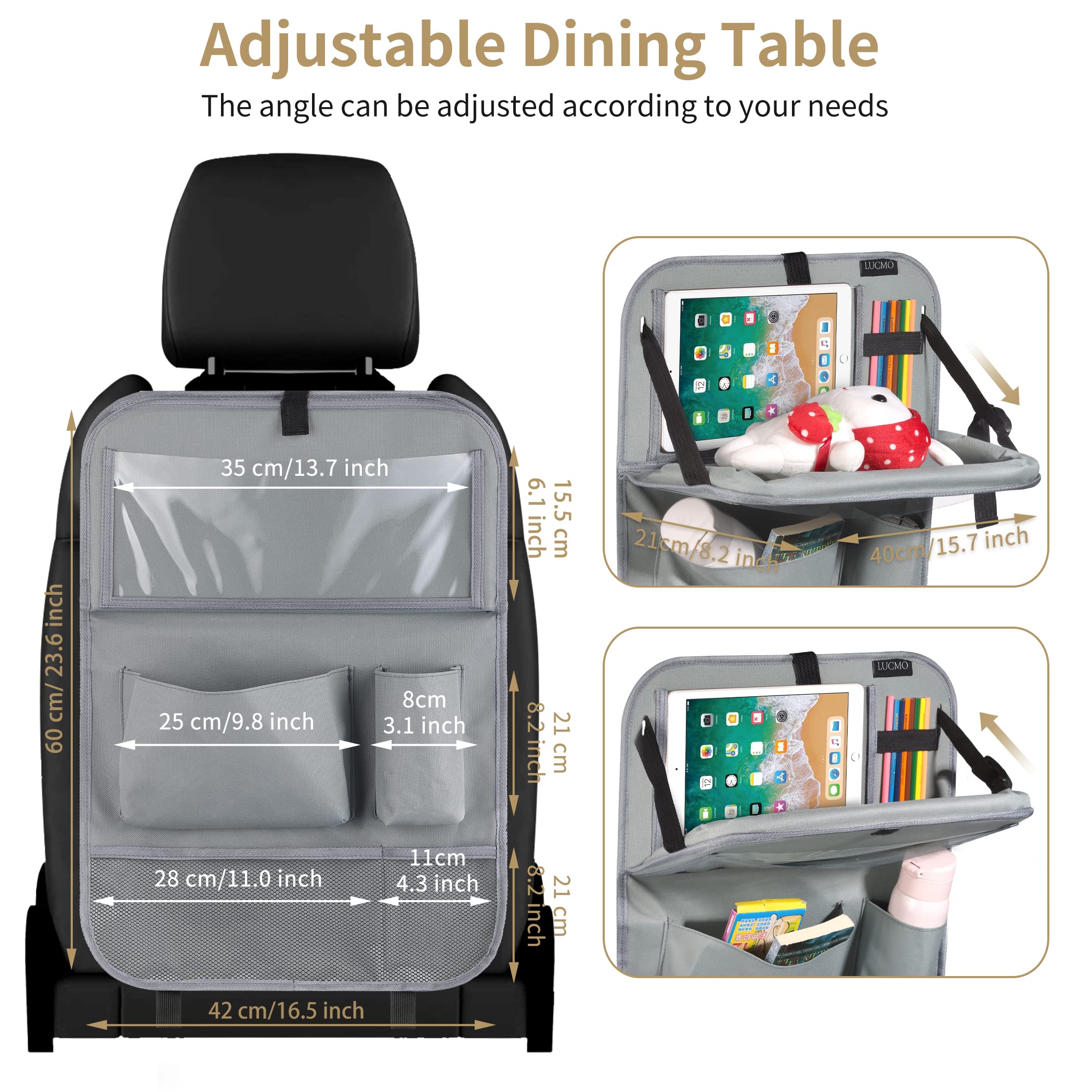 LUCMO Car Backseat Organizer with Tablet Holder & Food Tray, 6 Pockets, Grey, Model LCS-GRT3P, Durable Polyester Travel Accessory