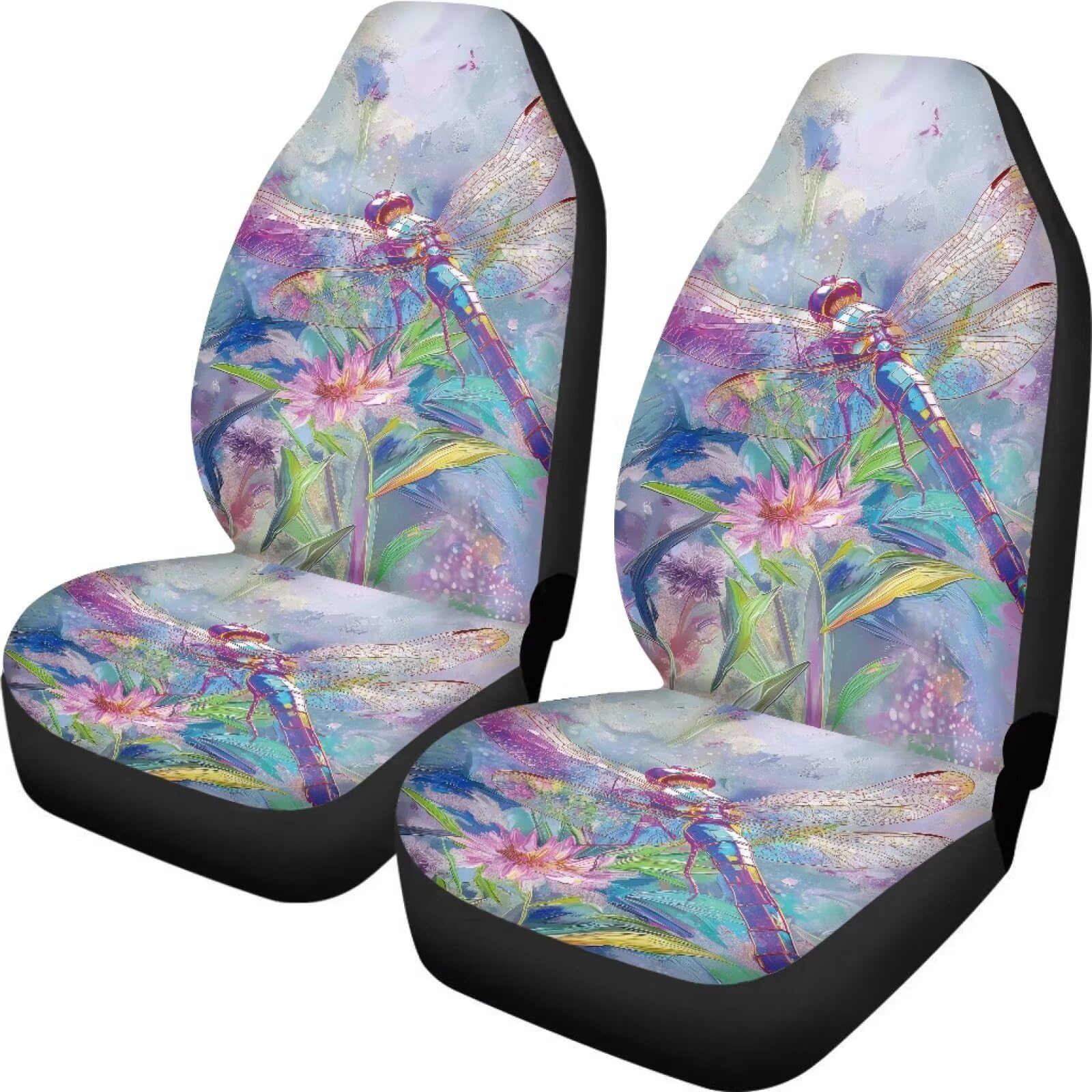 Talayituse Dragonfly Flower Print Car Front Seat Cover, 2 Pack Stretchy Durable Car Seat Cover Soft Bucket Vehicle Seat Protecto