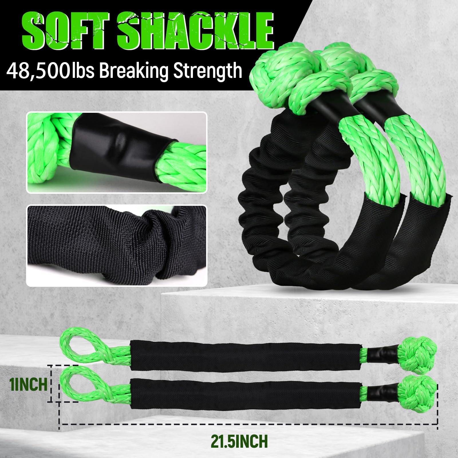 Godiag 1''  30Ft Kinetic Recovery Tow Rope (46500Lbs) Heavy Duty Energy Rope With 2 Soft Shackles, 30% Elasticity Offroad Power