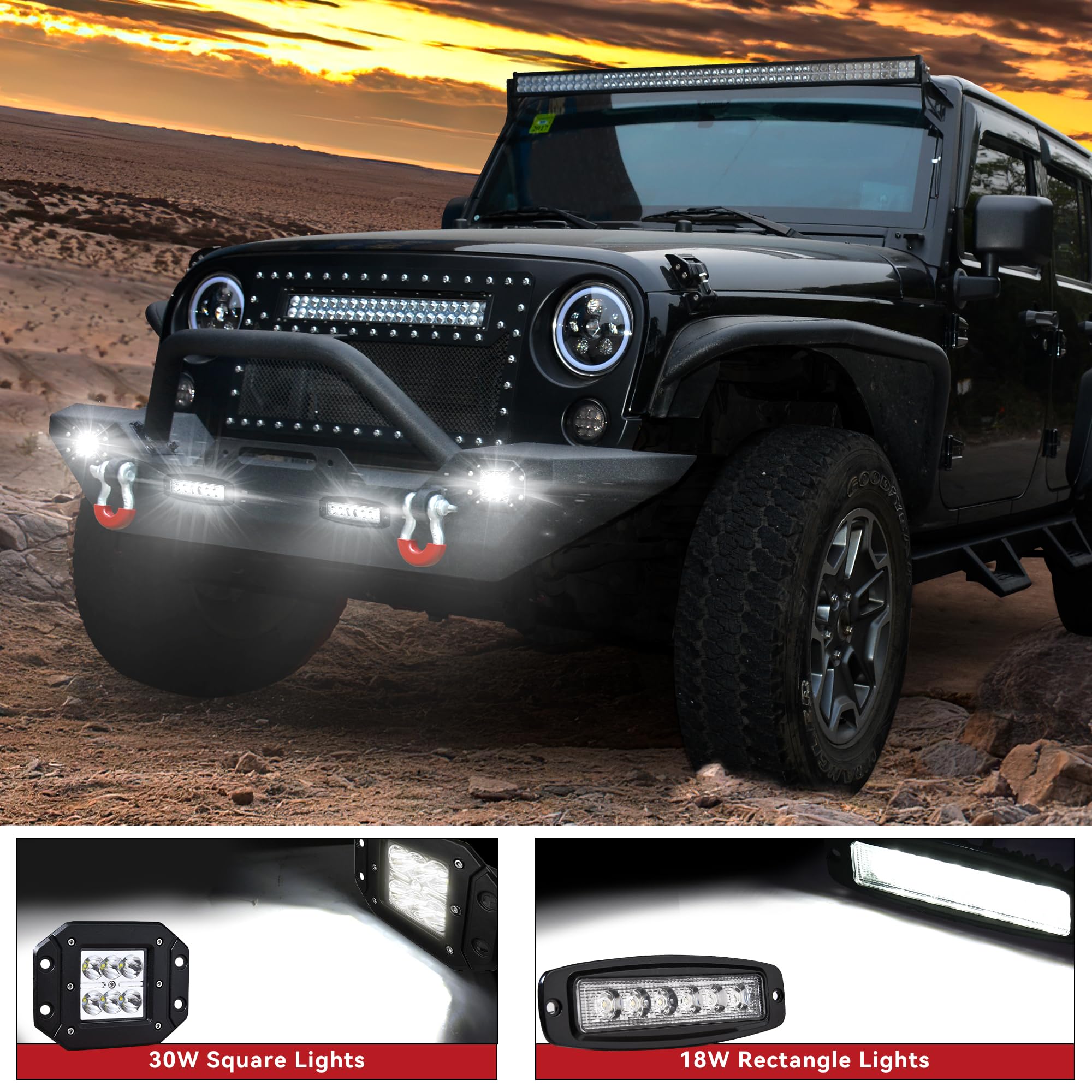 LEDKINGDOMUS Front Bumper for 07-18 Jeep Wrangler JK, Black, with 4X LED Lights, Winch Plate, D-rings, Length 61.54"