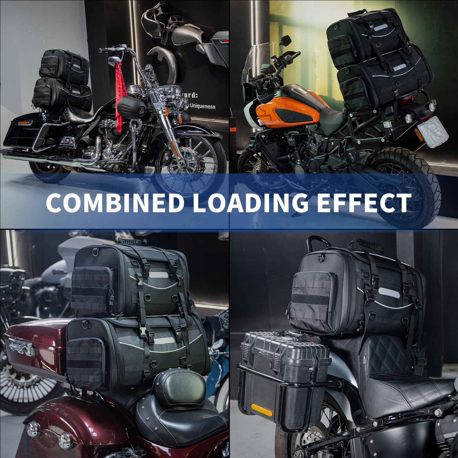 Fvmoto Universal Motorcycle Travel Luggage, Expandable Tail Bag 40-60L(10-15 Gallon), All Weather Rack Bag, Sissy Bar Bags, Helm