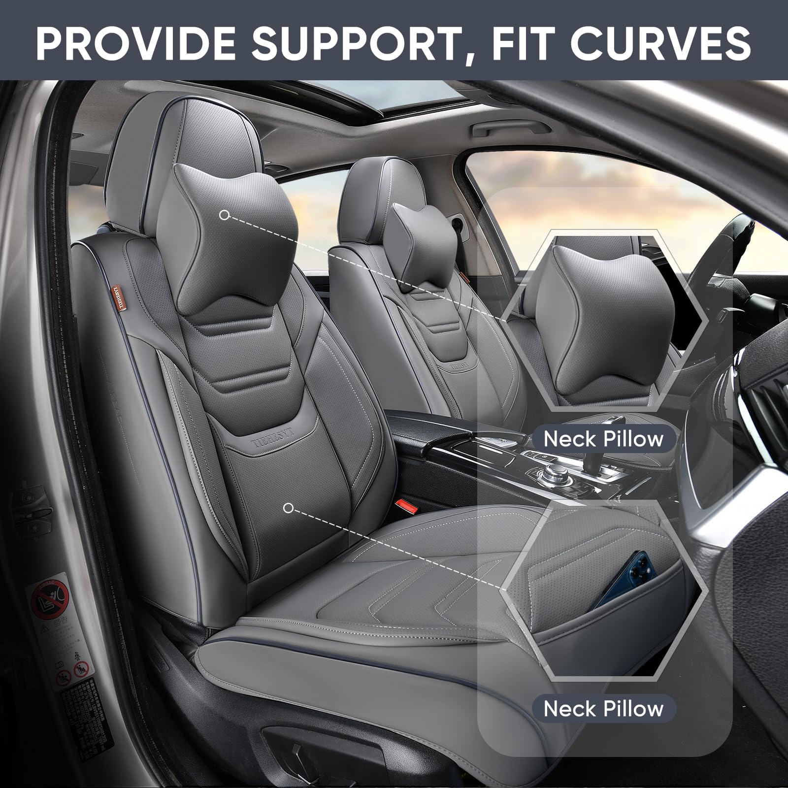 TIEHESYT Gray Faux Leather Car Seat Covers Full Set, Breathable Front & Rear, Compatible with Most Vehicles