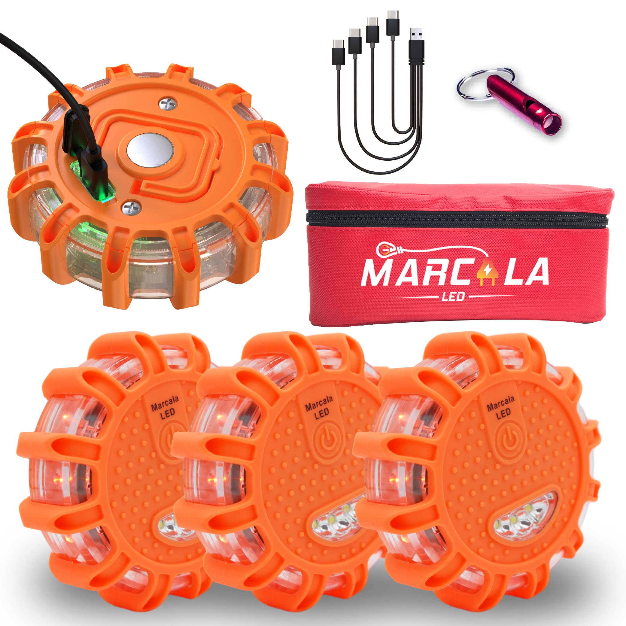 Marcala 4-Pack Rechargeable Led Emergency Road Flares | Large 1200Mah Battery For Longer Run Time | Red Diode Road Emergency Light For High Visibility | Rechargeable Led Flares W/Included Usb-C Cable