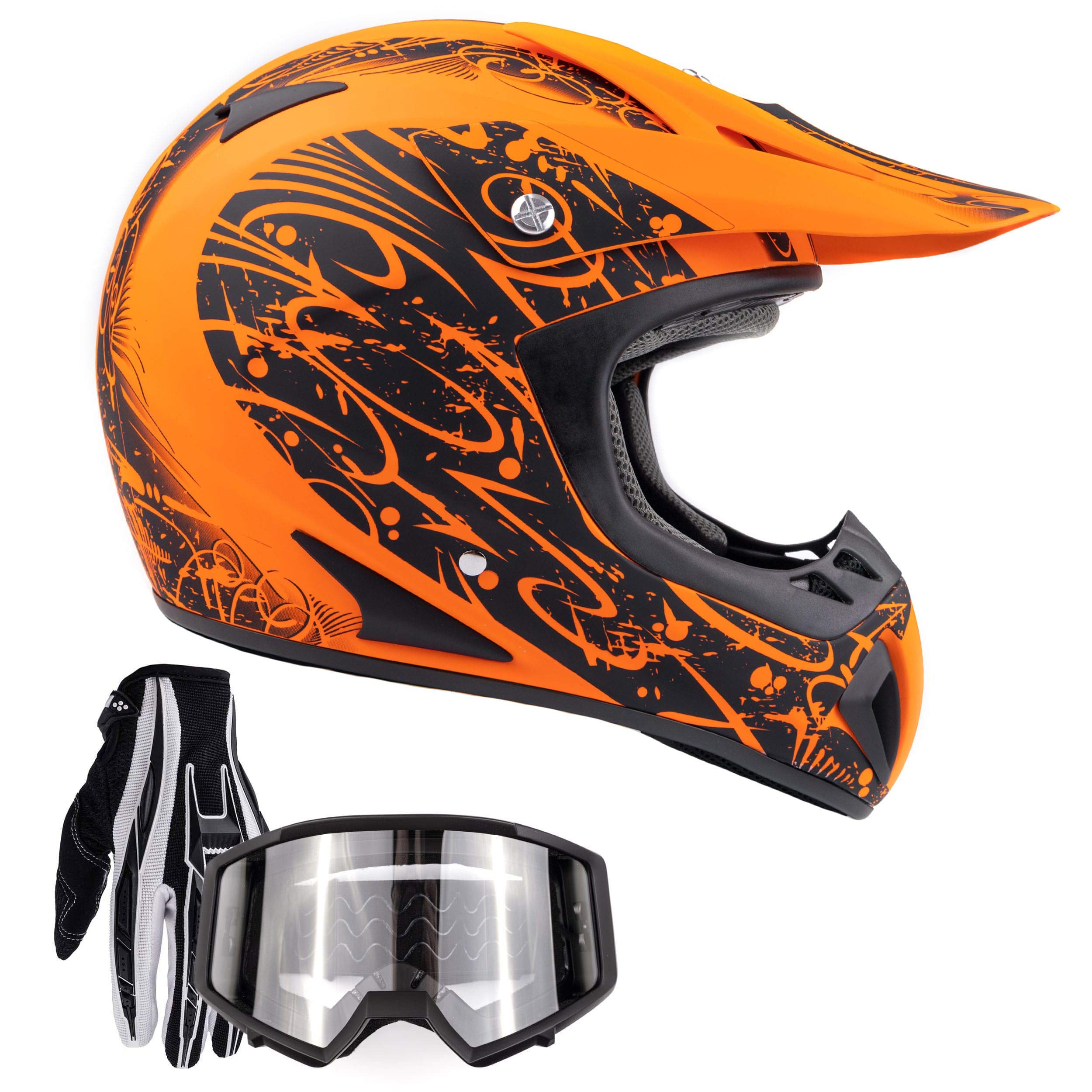 Typhoon Adult Atv Mx Helmet Goggles Gloves Gear Combo Matte Orange W/ Black ( Small )