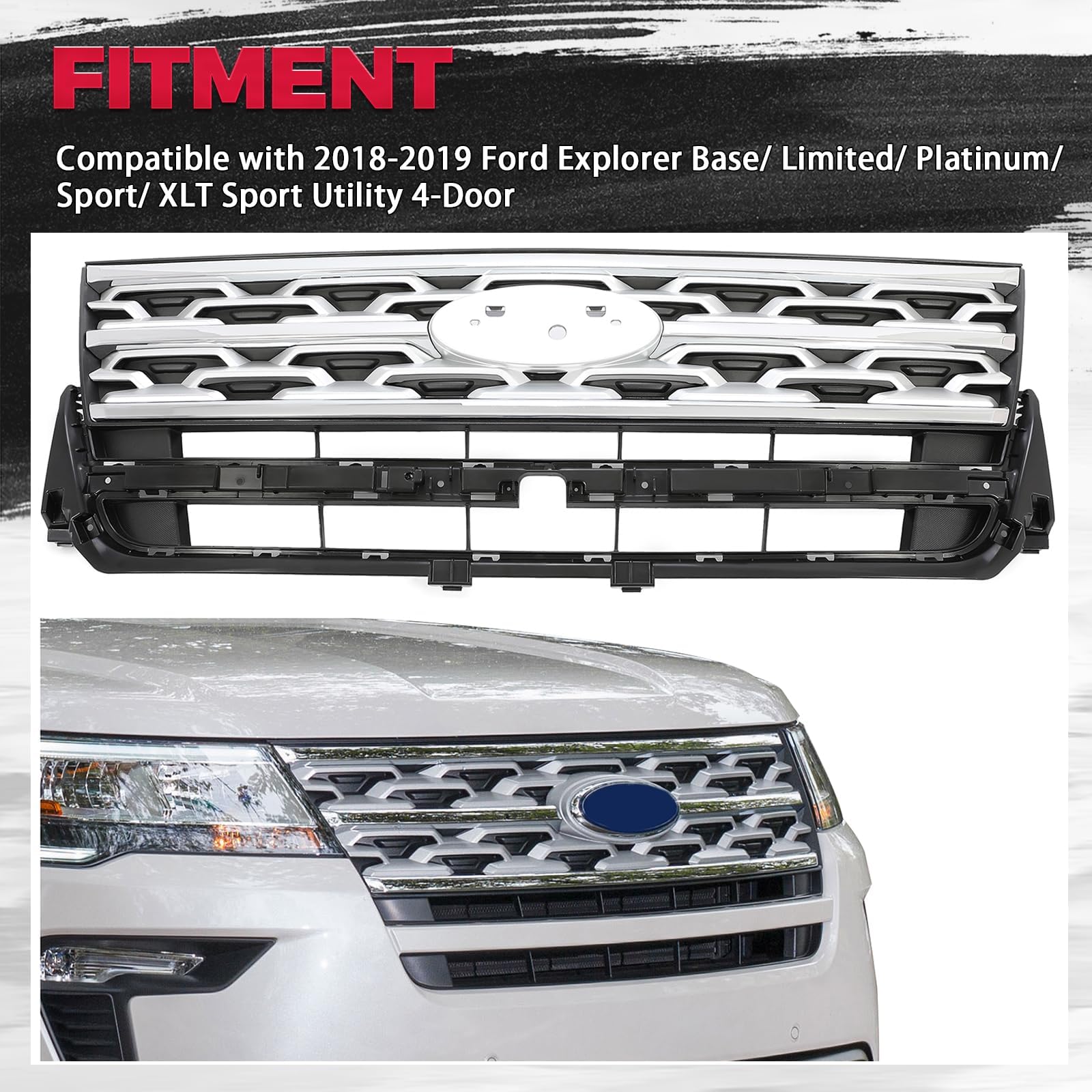 HECASA Front Grille Grill for 2018-2019 Ford Explorer, ABS Plastic, Chrome, Black & Silvery, Model CB-2085
