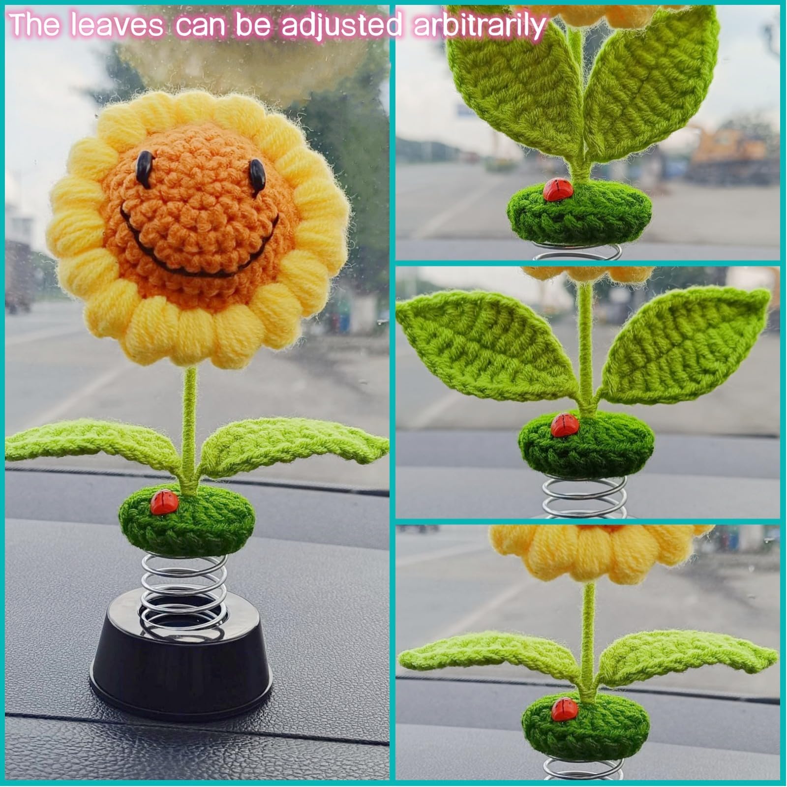 Levvohd Sunflower Car Dashboard Decorations, Dashboard Bobbleheads Knitted Flowers For Women Car Ornament Accessories (Handmade