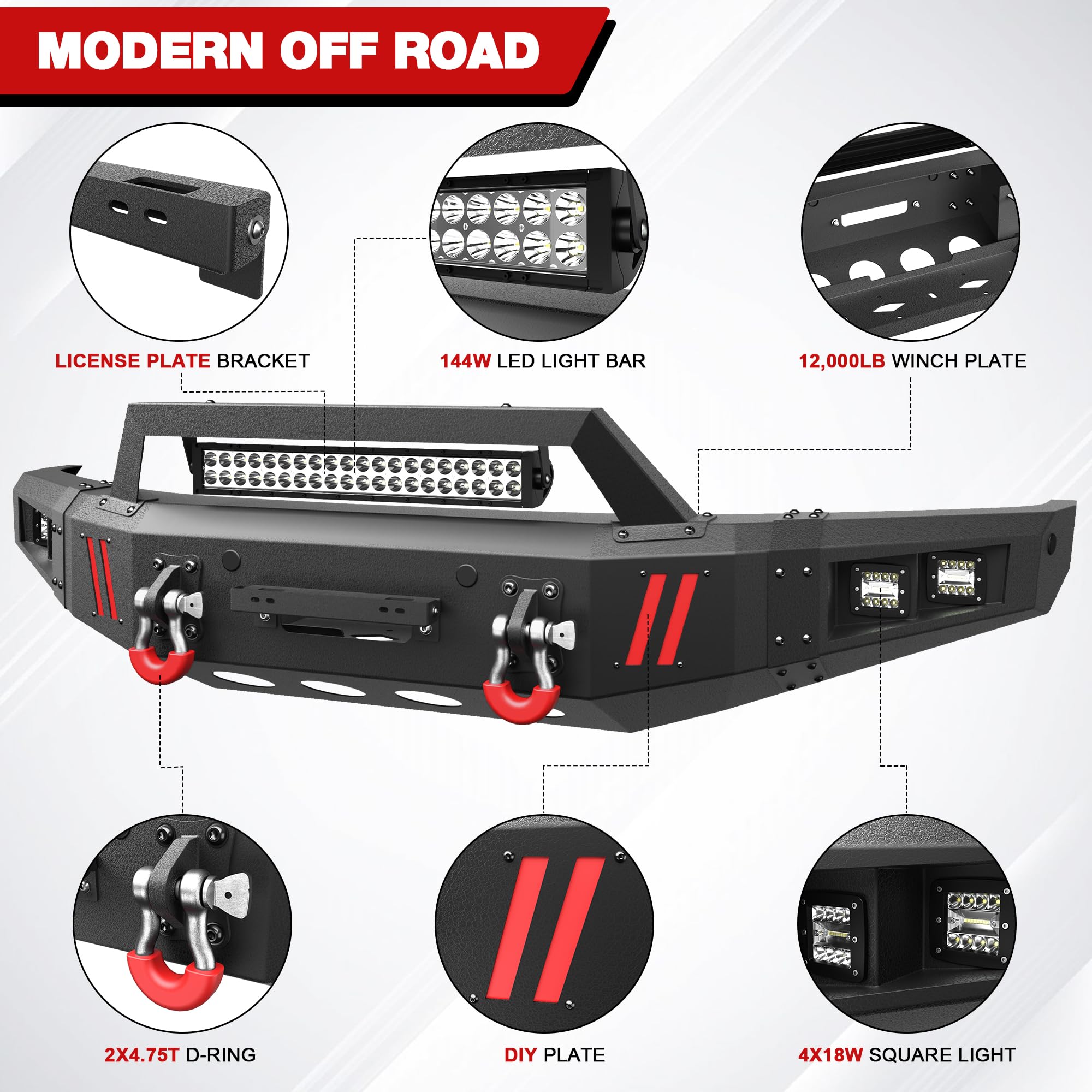 Longsun Front & Rear Bumpers for 2015-2017 Ford F150, Textured Black Carbon Steel, Model LS-2022032, Winch Plate & LED Lights