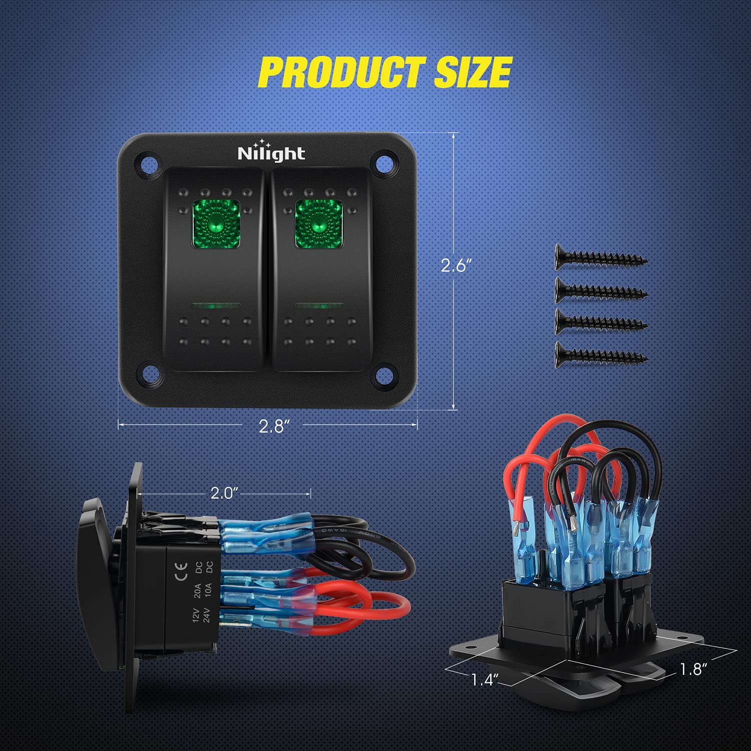 Nilight 2 Gang Rocker Switch Panel 12V 24V Dc Green Switches Aluminum Panel 5Pin On Off Prewired Toggle Switch Panel Waterproof