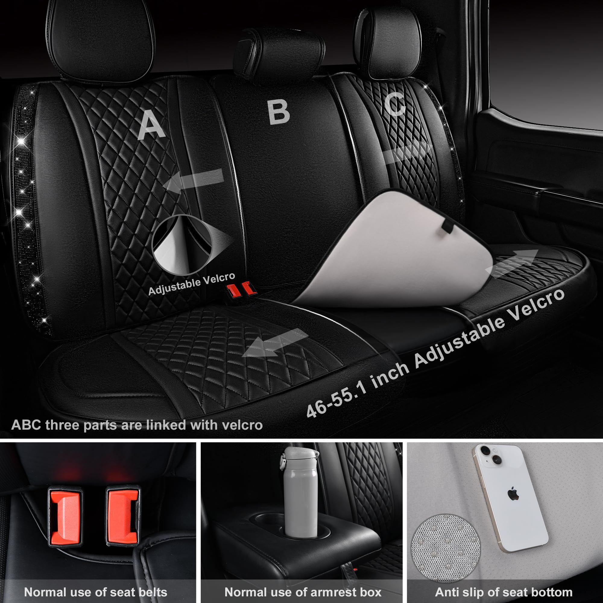 Car Pass Bling Car Seat Covers, Microfiber Nappa Leather Luxury Cushioned, Waterproof Heavy-Duty Anti-Slip Universal Fit For Aut