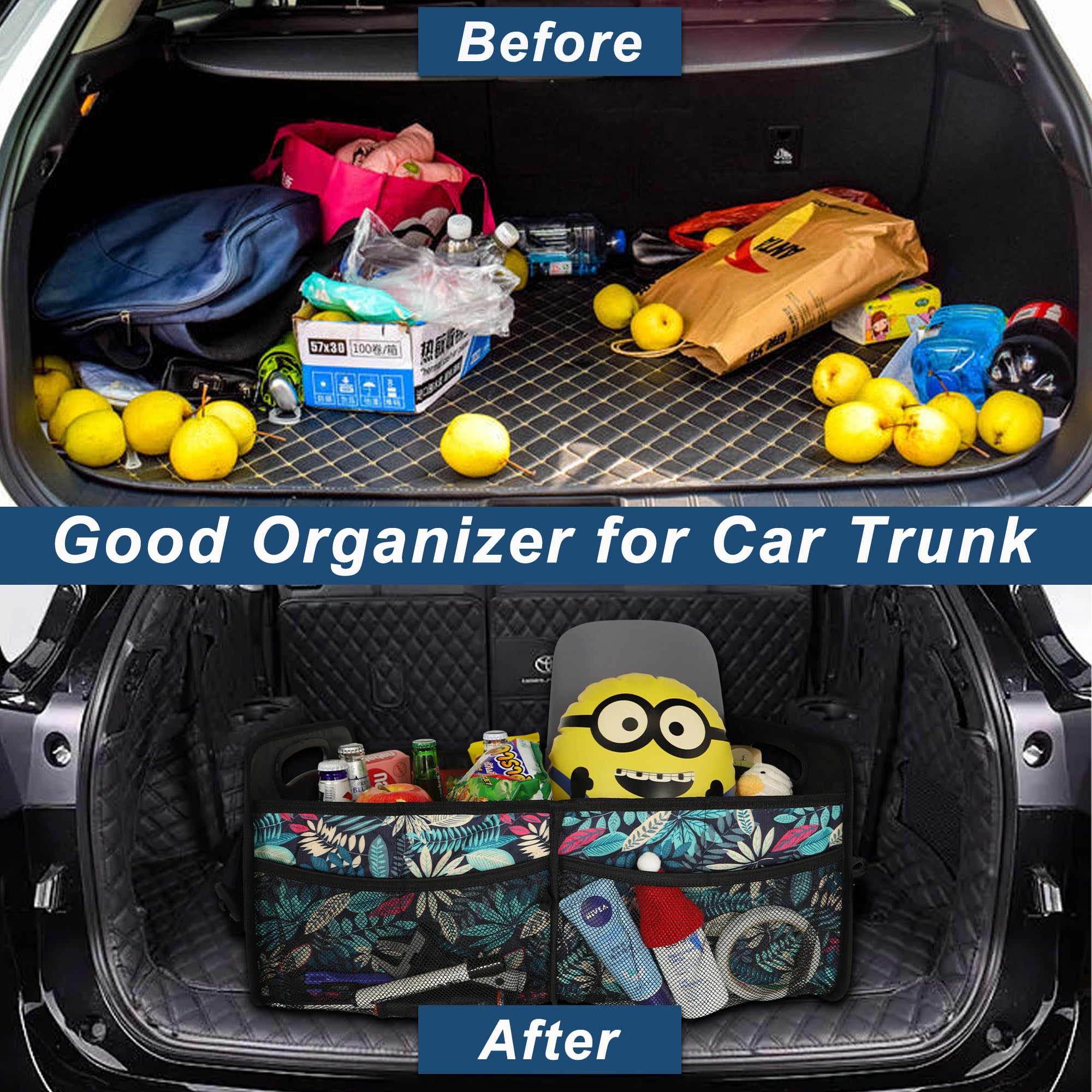 Deosk Car Trunk Organizer, 50L Collapsible 600D Waterproof Polyester, Medium, Leaves