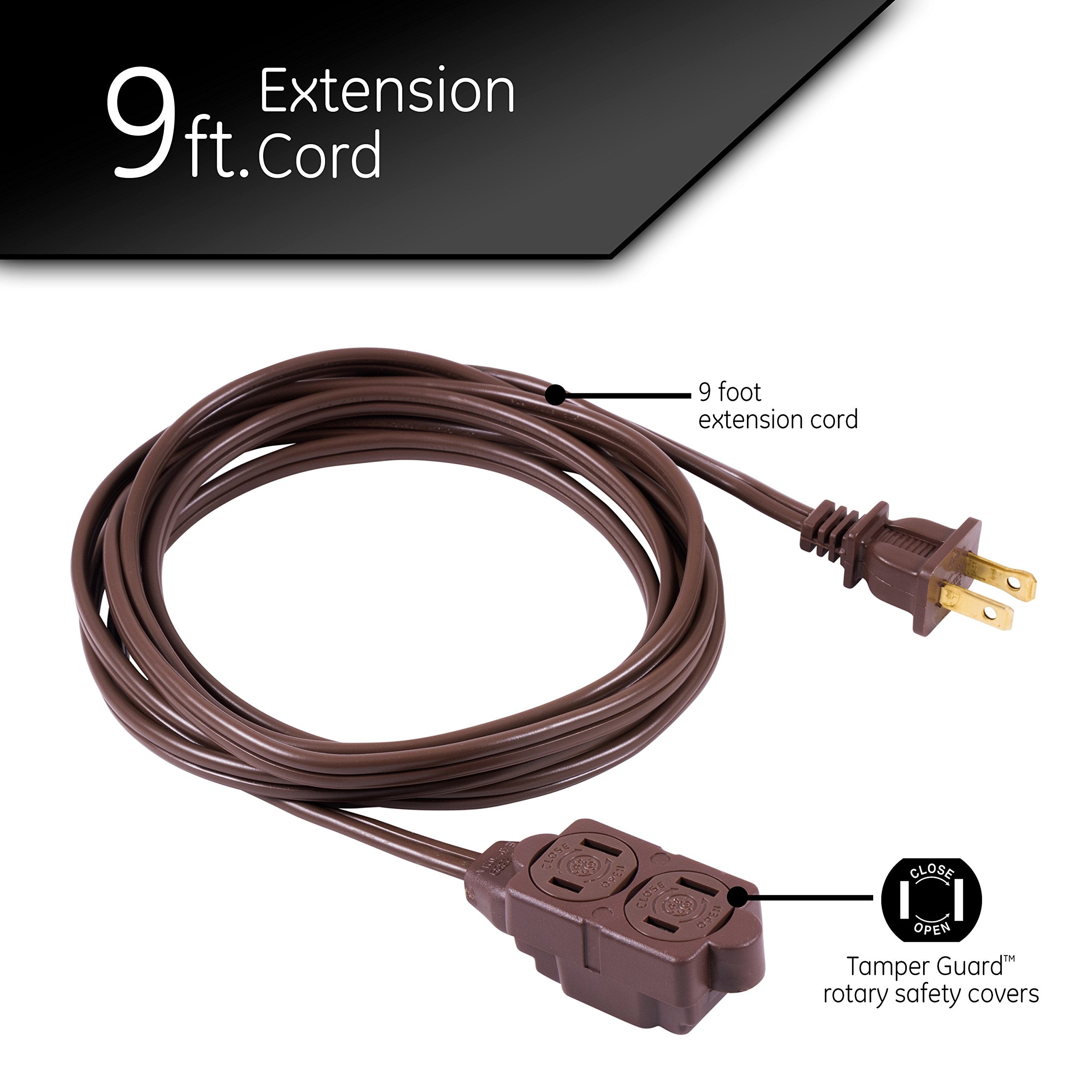 Ge 3-Outlet Extension Cord With Multiple Outlets 9 Ft Extension Cord Power Strip 2 Prong 16 Gauge Twist-To-Close Safety Outlet C
