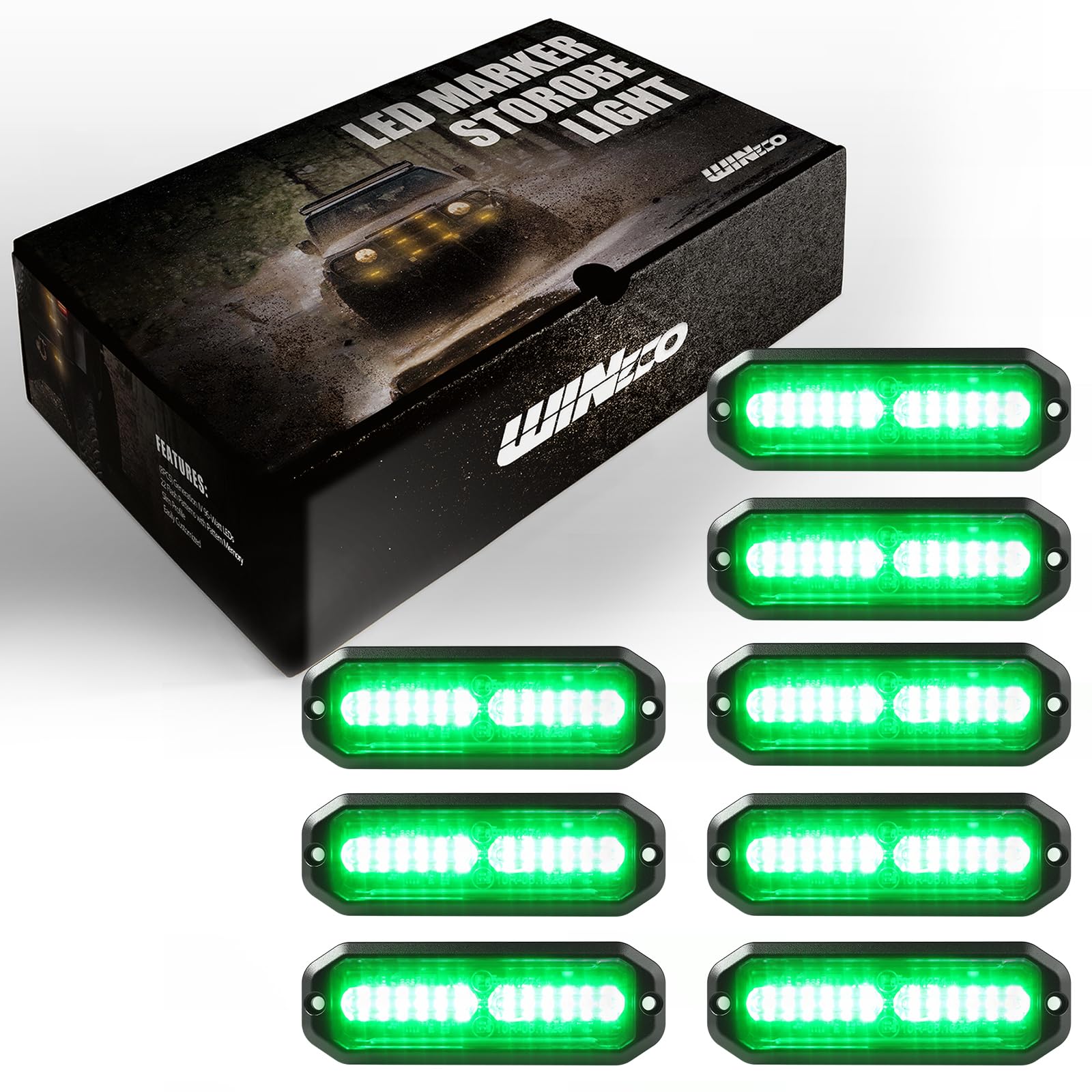 WINECO Green 8pcs Ultra Slim LED Emergency Strobe Lights for Trucks - Surface Mount Hazard Warning Flashing Lights