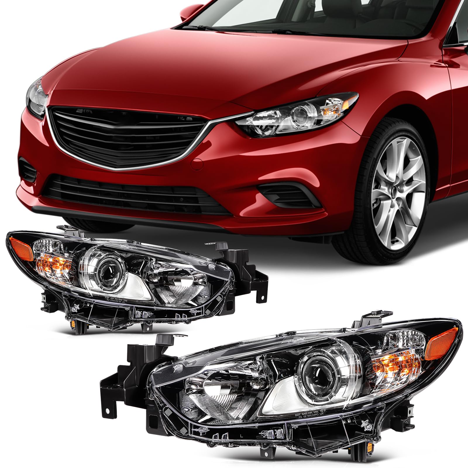 SCITOO Headlight Assembly Fit 2014-2017 For Mazda 6 Sedan 4-Door OE Style Black Housing Amber Reflector Pair Headlights GMP2510L
