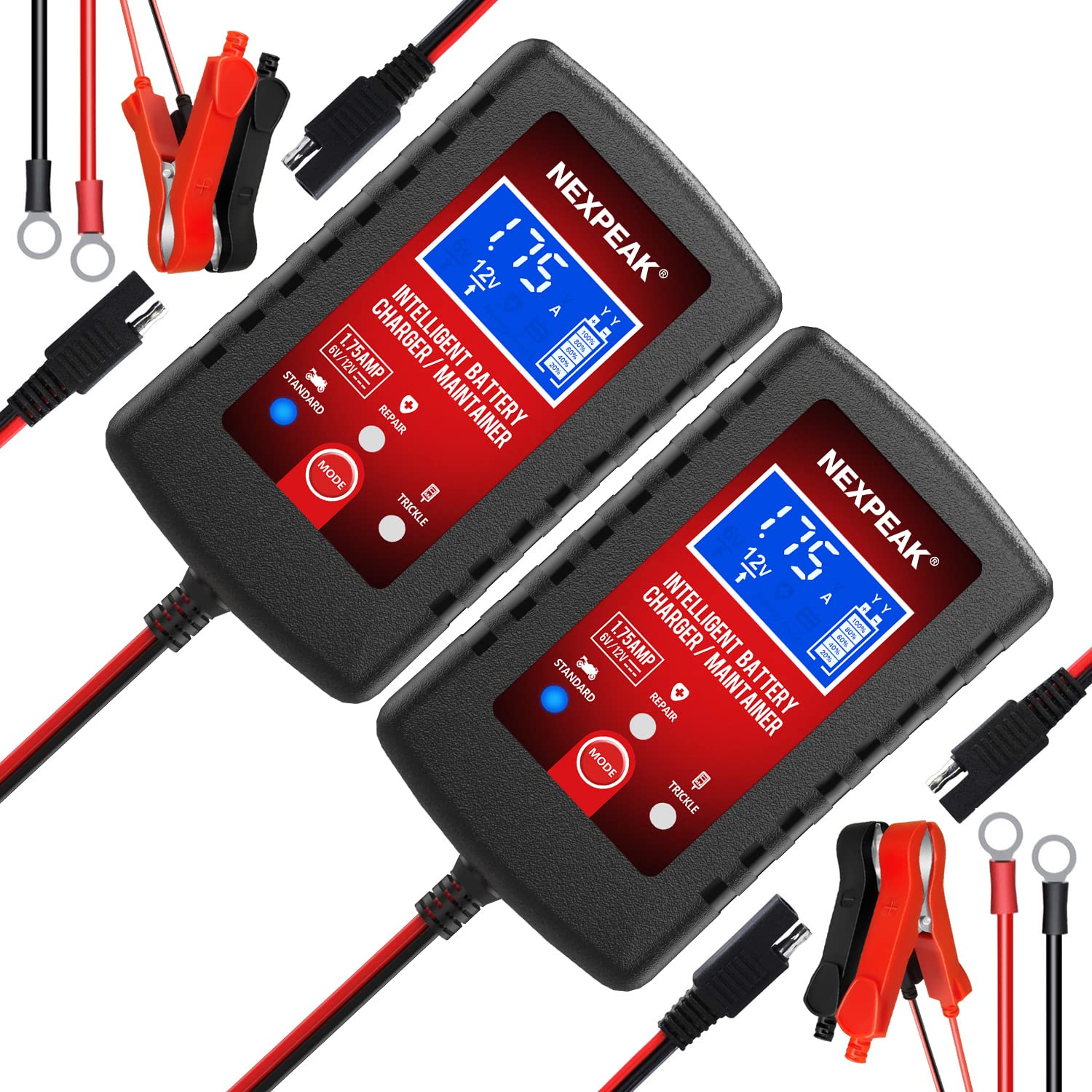 2-Pack Smart Fully Automatic 6V 12V Battery Charger Maintainer For Car, Marine, Motorcycle, Lawn Mower