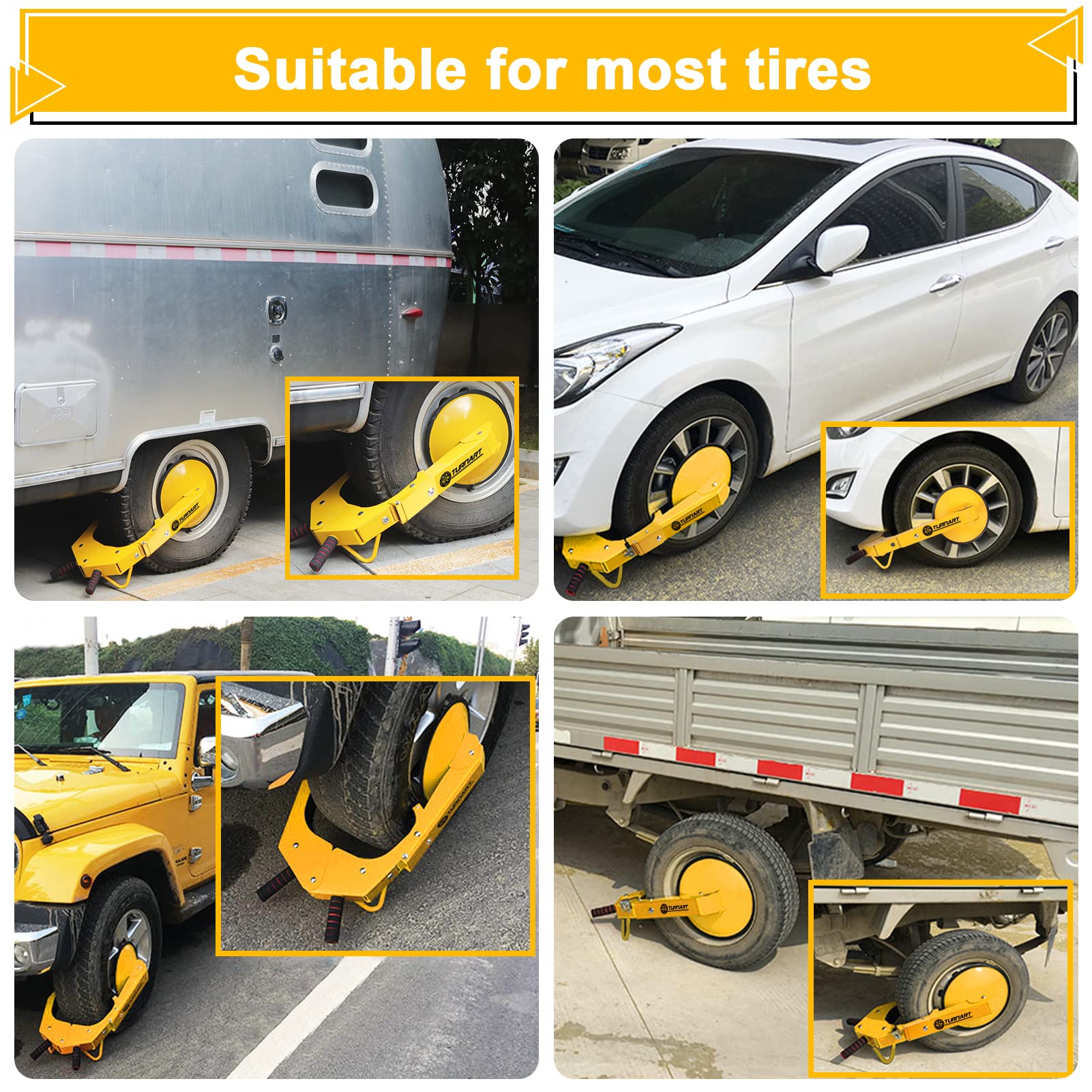 Turnart Wheel Lock Clamp - Adjustable Anti-Theft Tire Boot, Yellow, Aluminum, Model Turnart-619 for Cars, Trucks, RVs