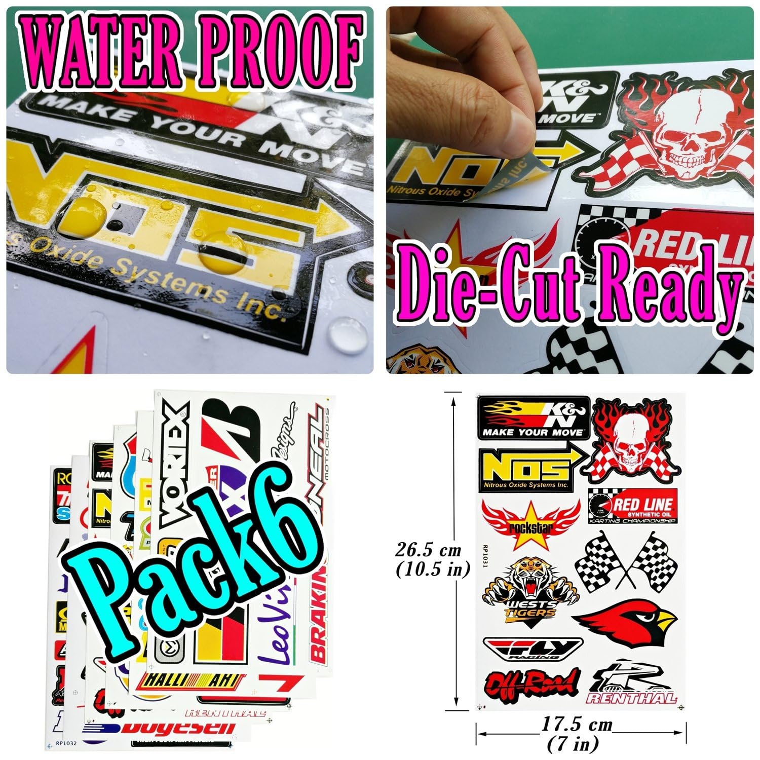 RICEFINE Vinyl Graphic Decals - Cars Motorsport Nos Gulf Hot Rod Nascar Drag Racing Stickers, Multicolor, Lot of 6
