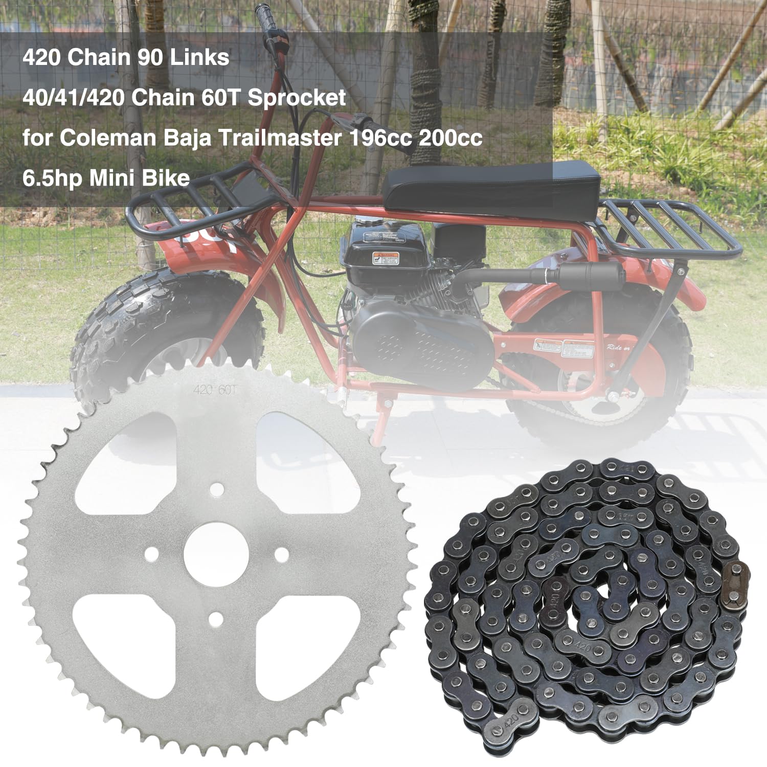 YOXUFA 420 Chain 60T Sprocket + 90 Links Chain for Coleman CT200U, BT200X, Baja Warrior, MB165, MB200 - Silver Sprocket
