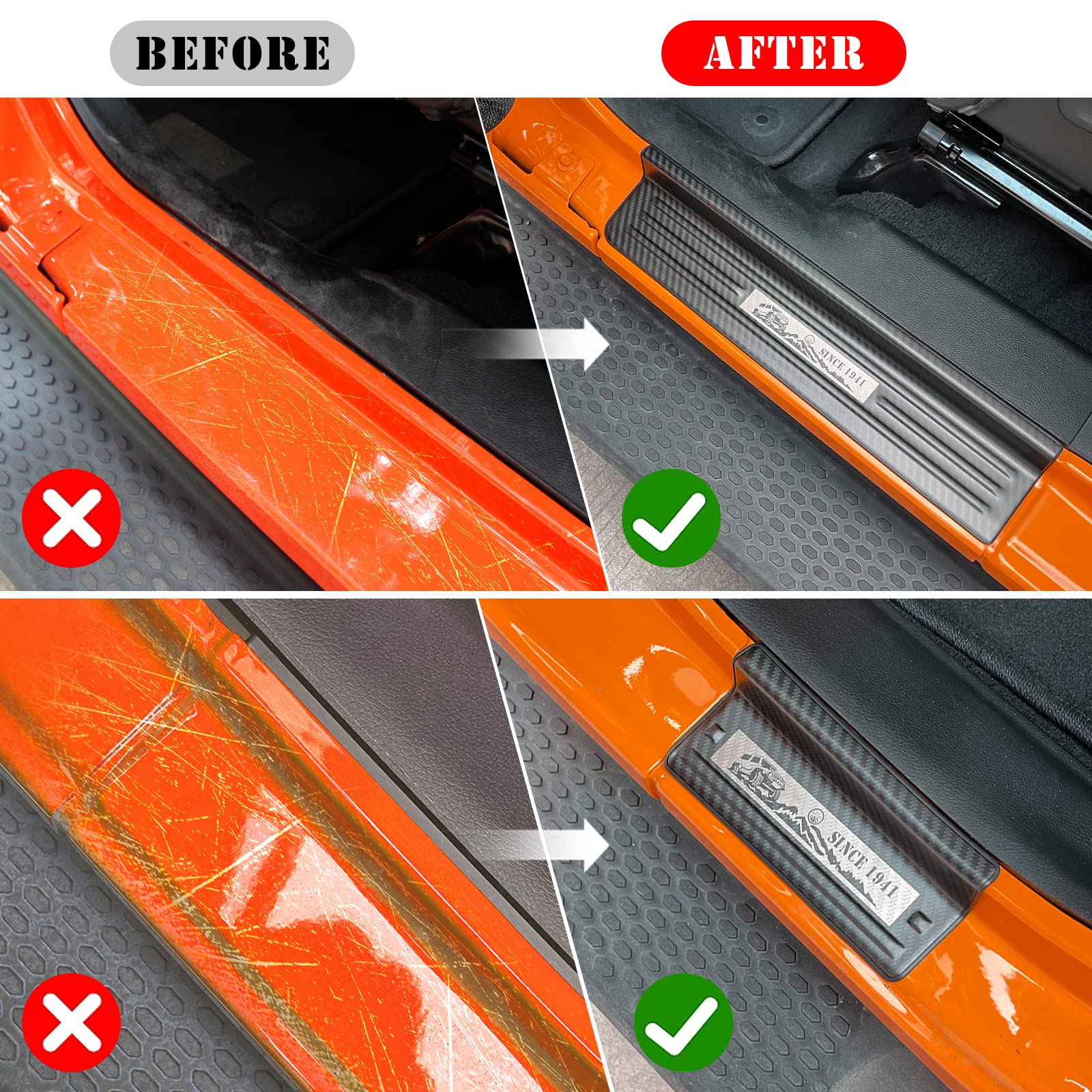 Rowa Door Sill Guards For Jeep 2018-2025 Wrangler Jl Jlu & 2020-2025 Gladiator Jt, Carbon Fiber Pattern 304 Stainless Steel Door
