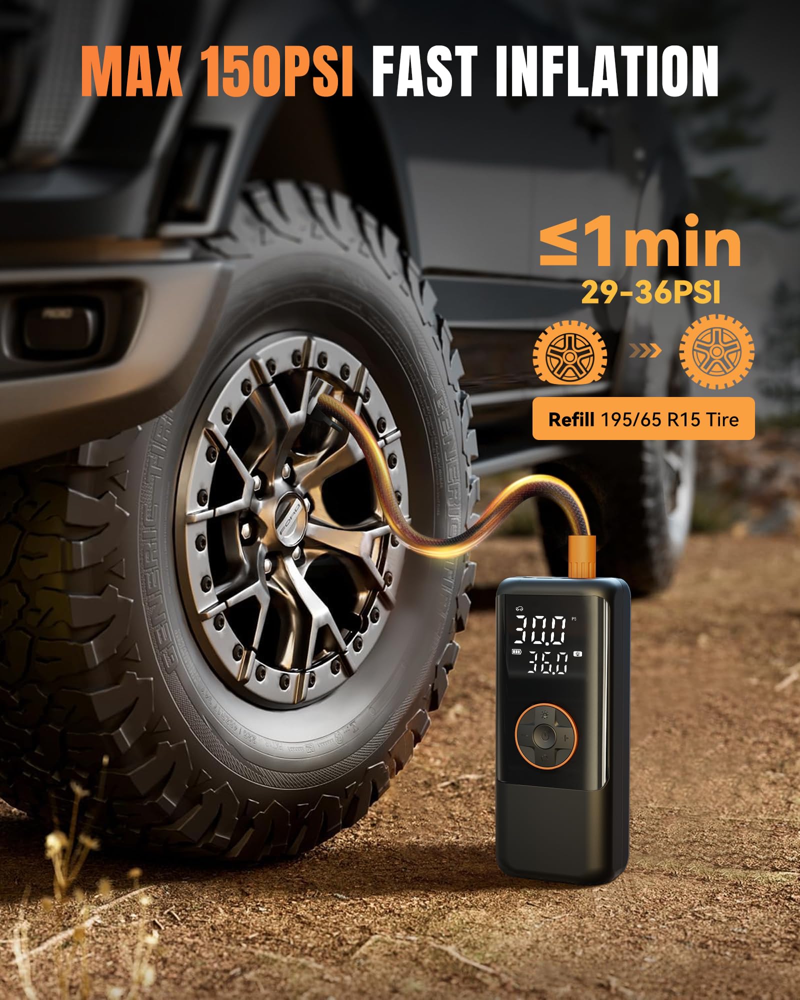 Makelift Tire Inflator Portable Air Compressor, 150Psi Air Compressor For Car Tires, Cordless Bike Pump With Tire Pressure Gauge