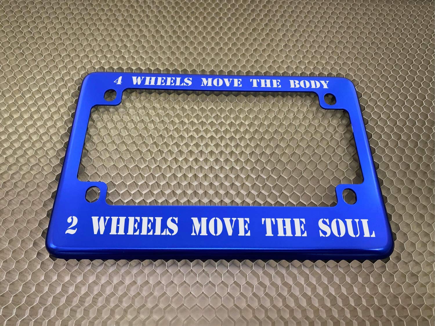 Motorcycle Personalized With Custom Text Design - Anodized Aluminum Laser Etched Standard Size License Plate Frame - Blue