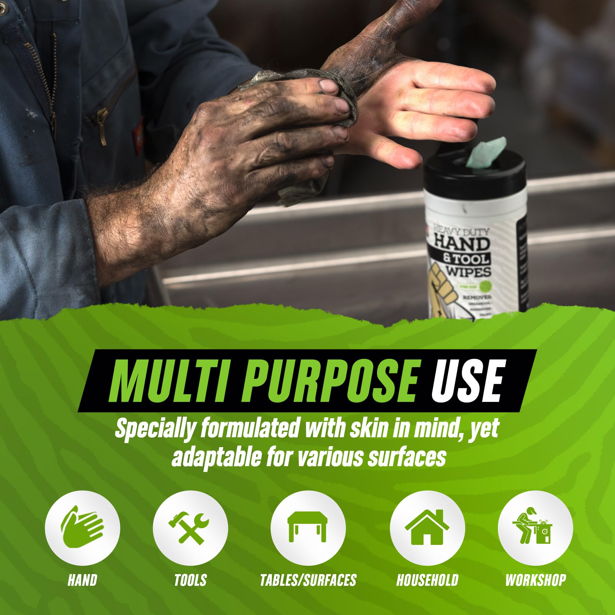 Grip Clean Heavy-Duty Cleaning Wipes, Citrus Scented, 72 Count, Waterless Hand Cleaner for Mechanics & Tools, Model HW72