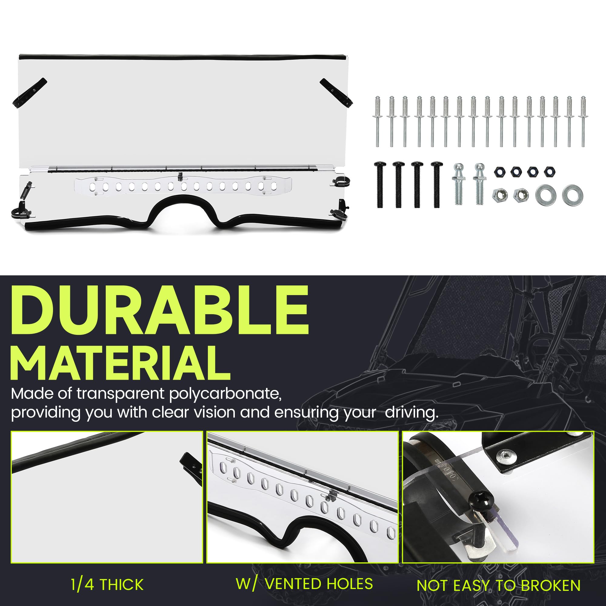 HECASA Windshield for 2004-2013 Yamaha Rhino 450 660 700, 1/4" Clear Vented Plastic, Model CB-2527