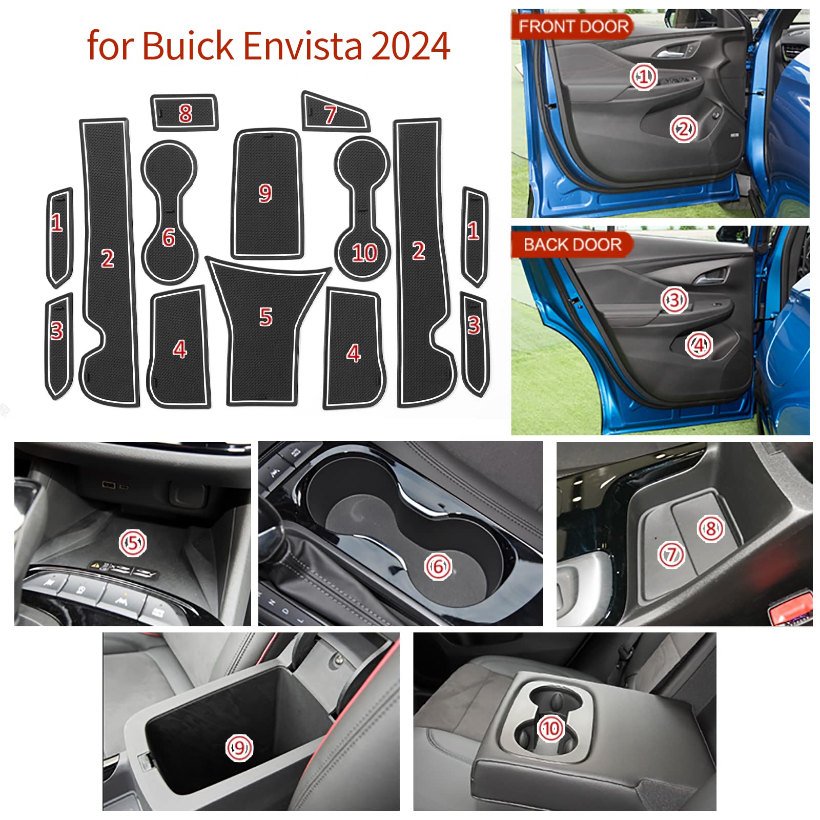 Smabee Cup Holder Inserts For Buick Envista 2024 2025 Center Console Liners Door Slot Mats Door Pocket Liners For 2025 Envista Accessories Interior (White)