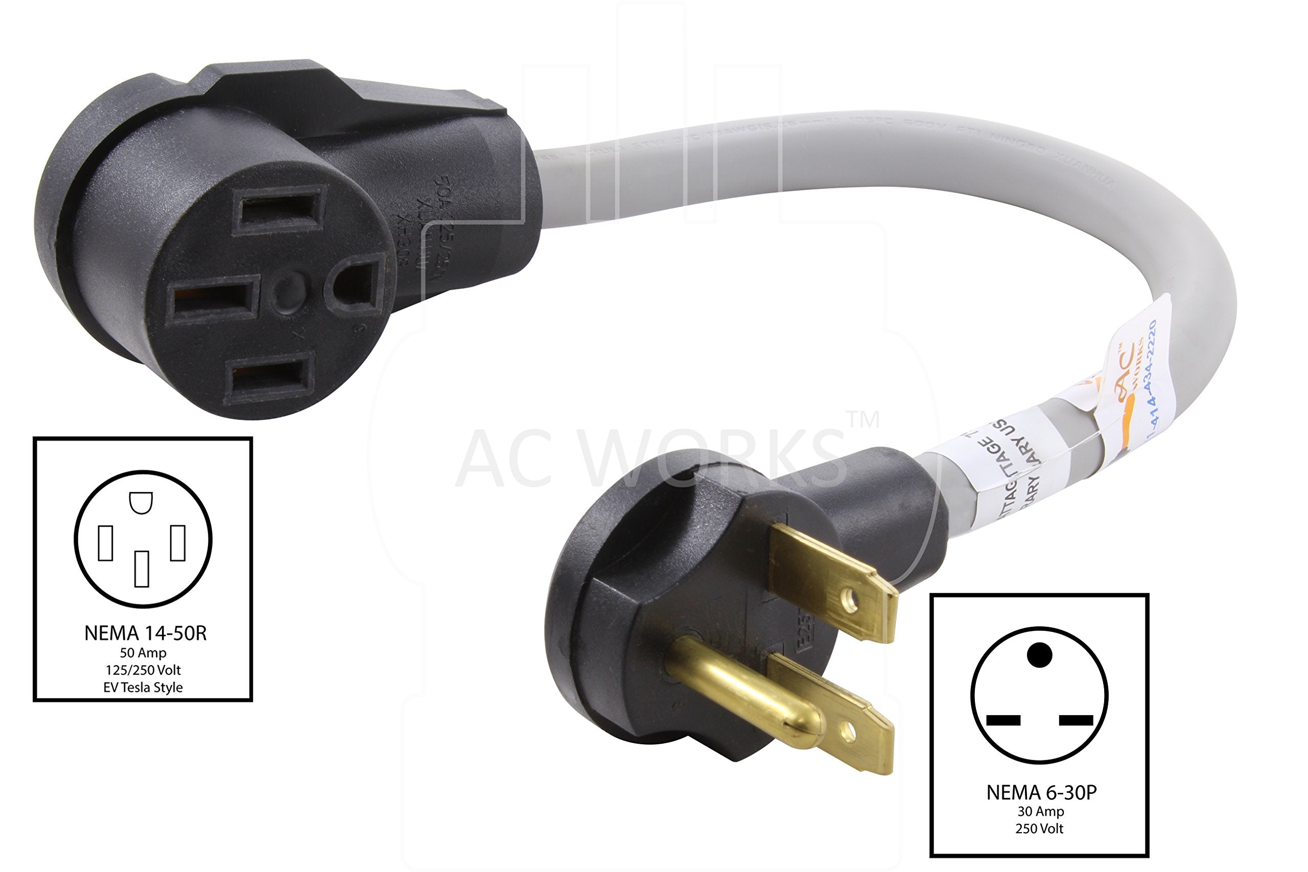 AC WORKS Electric Vehicle Charging Adapter for Tesla, 30A 250V, Model EV630MS-018, Grey