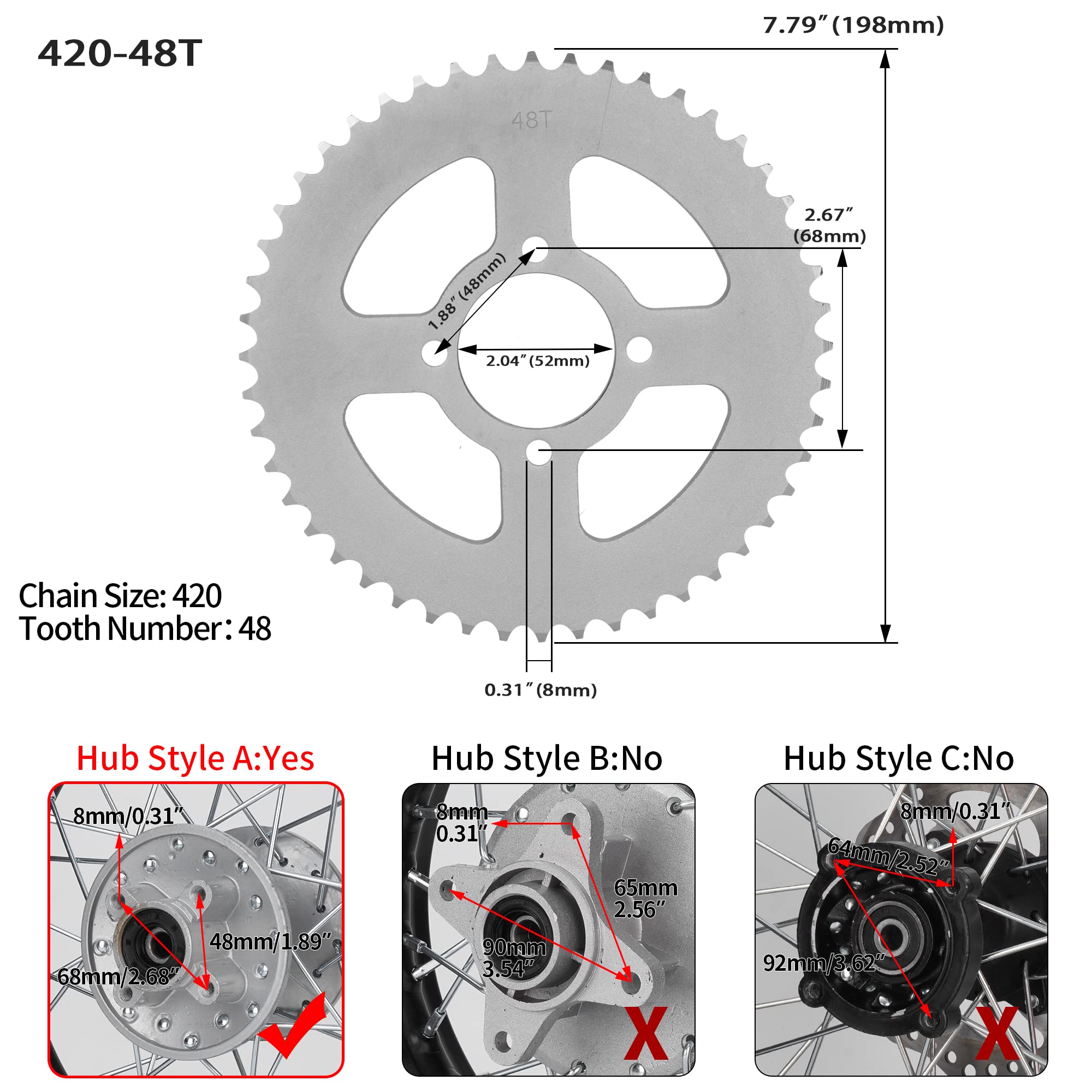 Rutu 420 Chain 48 Tooth 52Mm Go Kart Sprocket,Steel Motorcycle Rear Sprocket For 50Cc 90Cc 110Cc 125Cc Taotao Tforce Roketa Coolster Buyang Kymco Kazuma Sunl Chinese Atv Dirt Pit Bike Quad