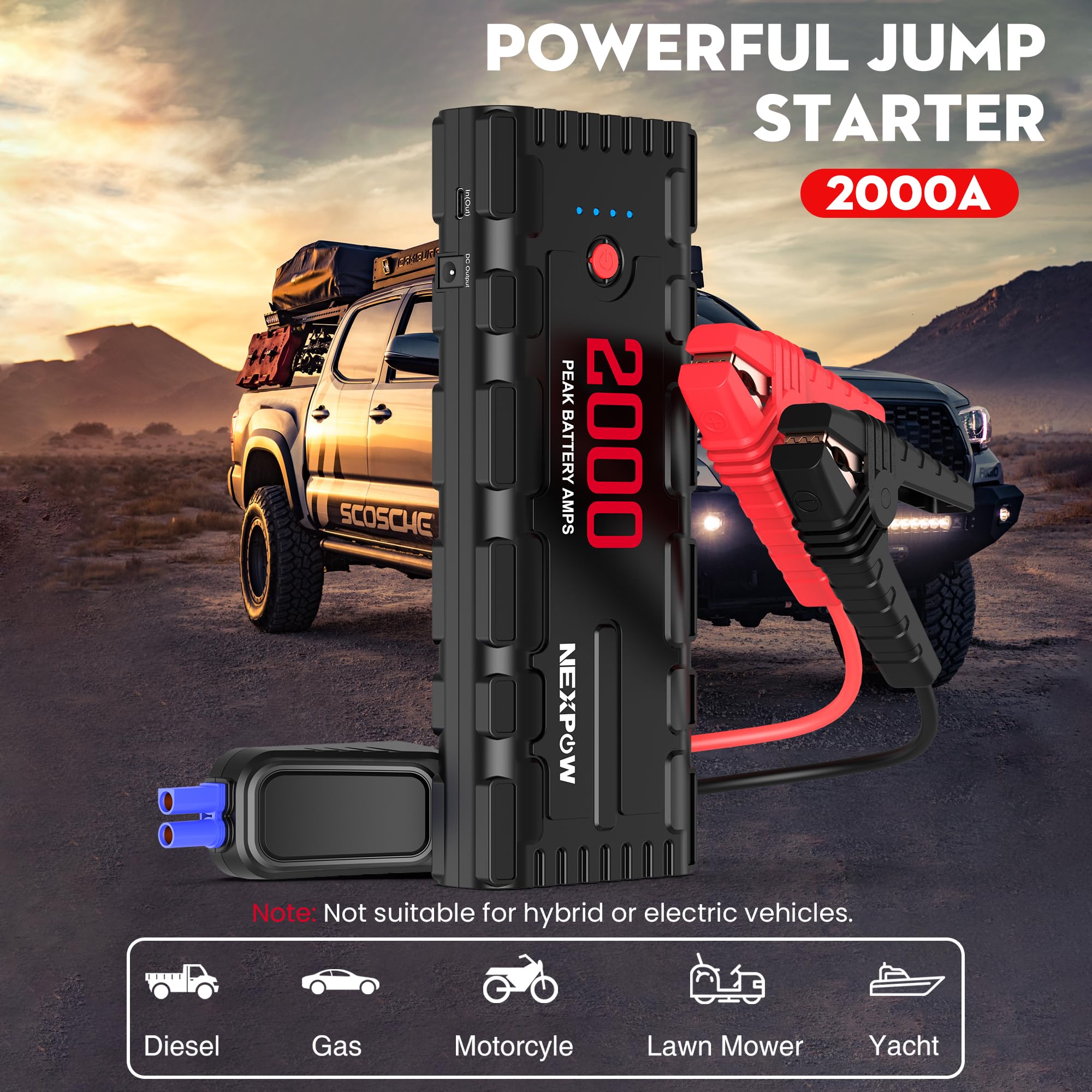 NEXPOW 2000A Peak Car Battery Jump Starter, USB Quick Charge 3.0, 12V Portable Booster, Gray, Model G17
