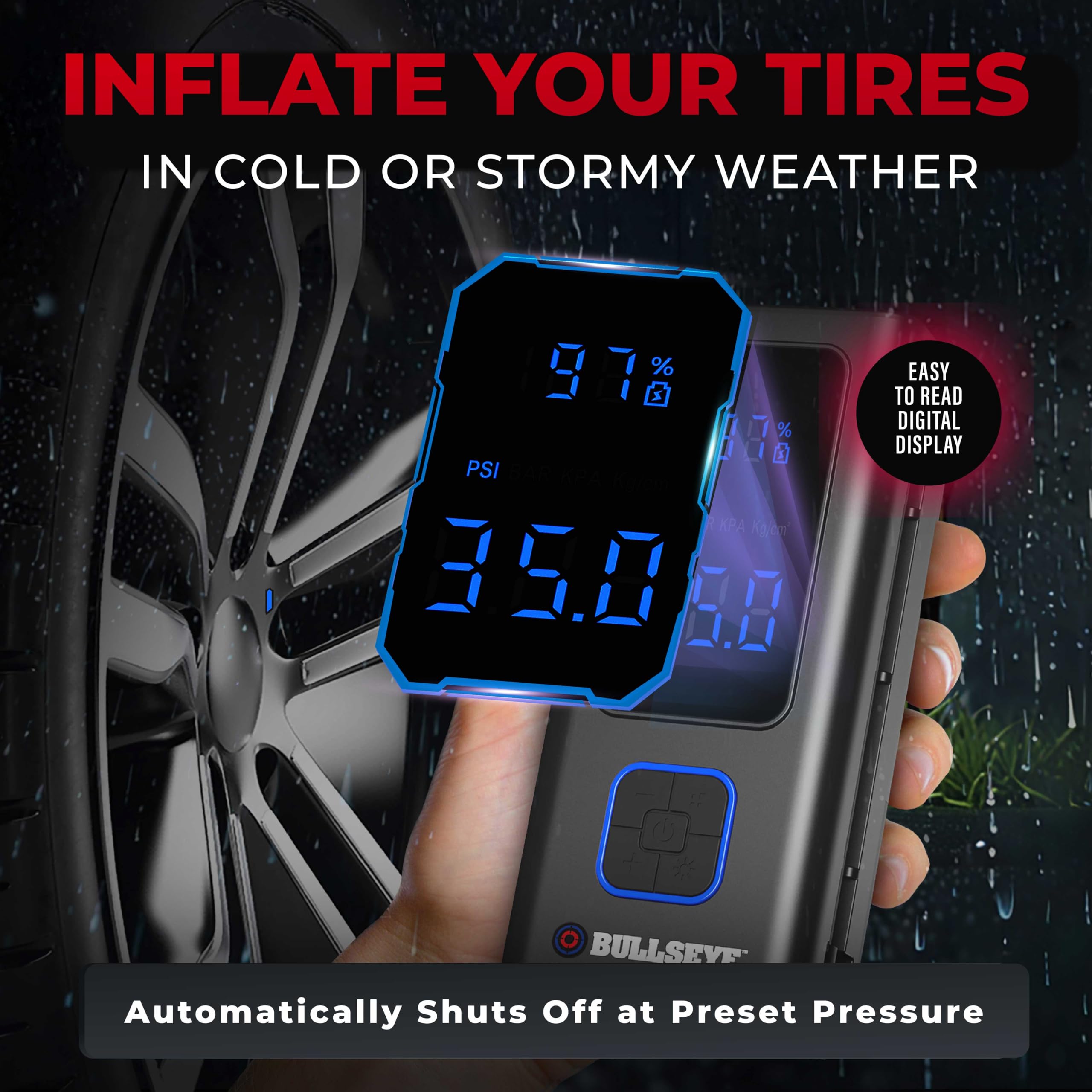 Bullseye Pro Portable Tire Inflator 100 PSI, Cordless, 4000mAh, Auto Shut Off, Black, Small, Model 6146