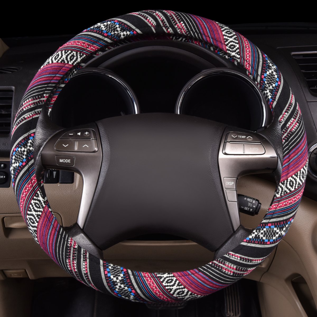 CAR PASS Boho Ethnic Flax Cloth Steering Wheel Cover, Anti-Slip, Fits 14.5-15 inches, Universal for Cars, SUVs, Vans
