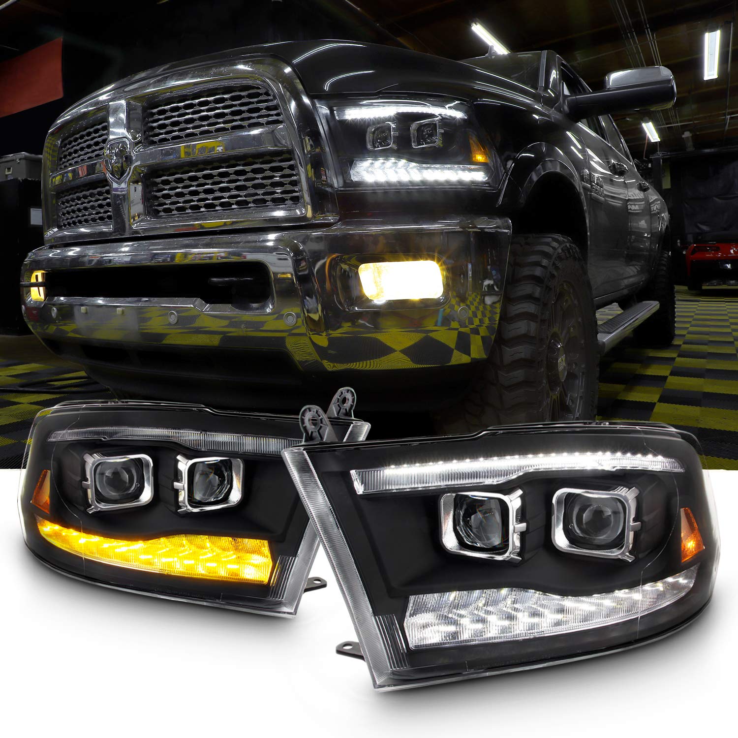 AKKON Projector & Bar LED Headlights for 09-18 Dodge Ram 1500/2500/3500, Dual Projector Black Housing, Includes Light Bulbs
