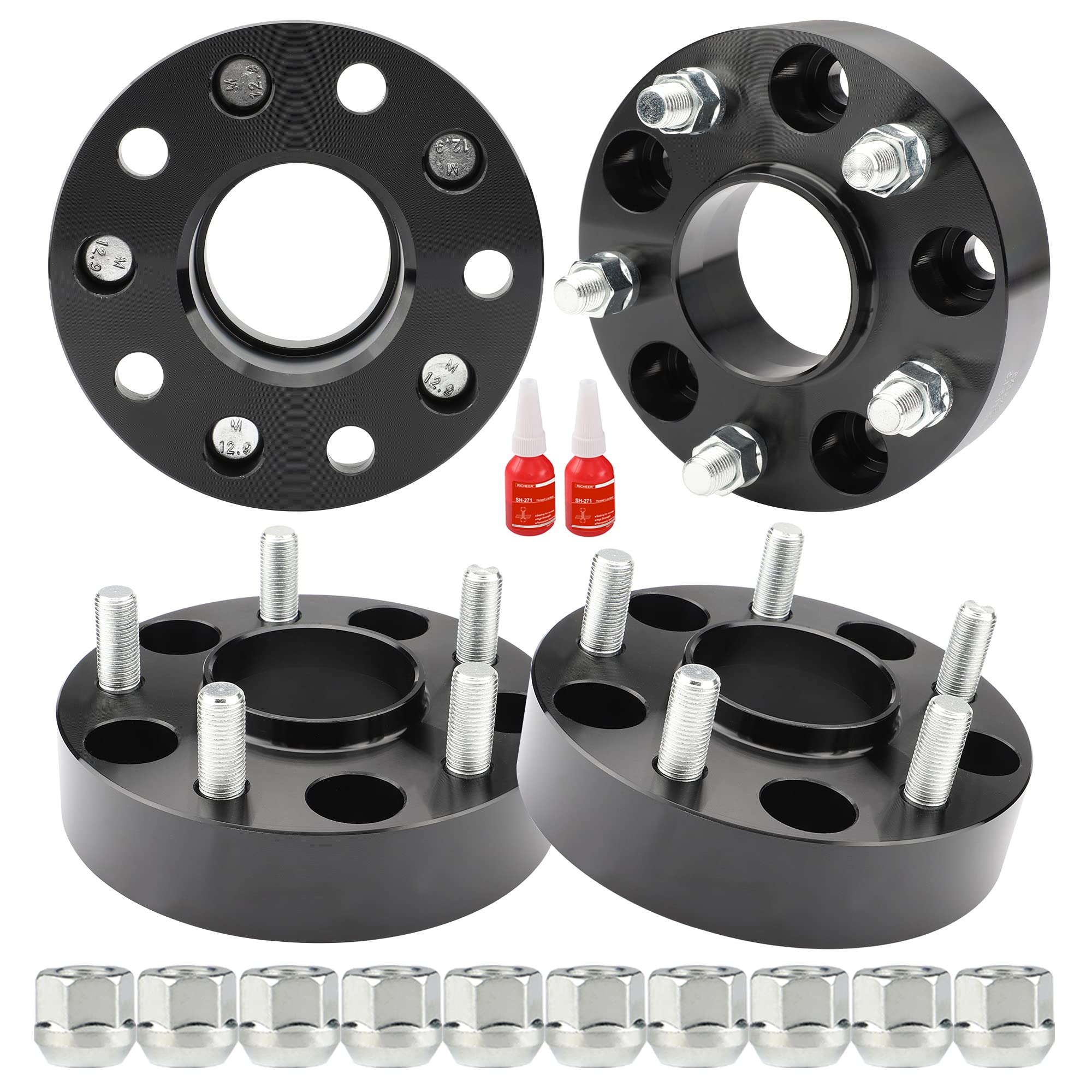 Richeer 1.5" 5x5 Wheel Spacers for Wrangler JL, Grand Cherokee WK2, Gladiator JT - Aluminum, Black, M14x1.5 Studs