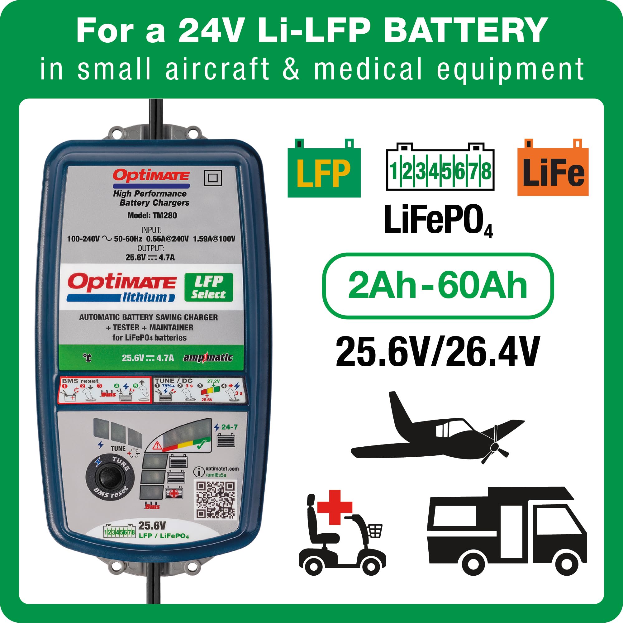 Optimate Lithium 8S 5A 10-Step 25.6V/26.4V 5A High Performance Battery Saving Charger & Maintainer