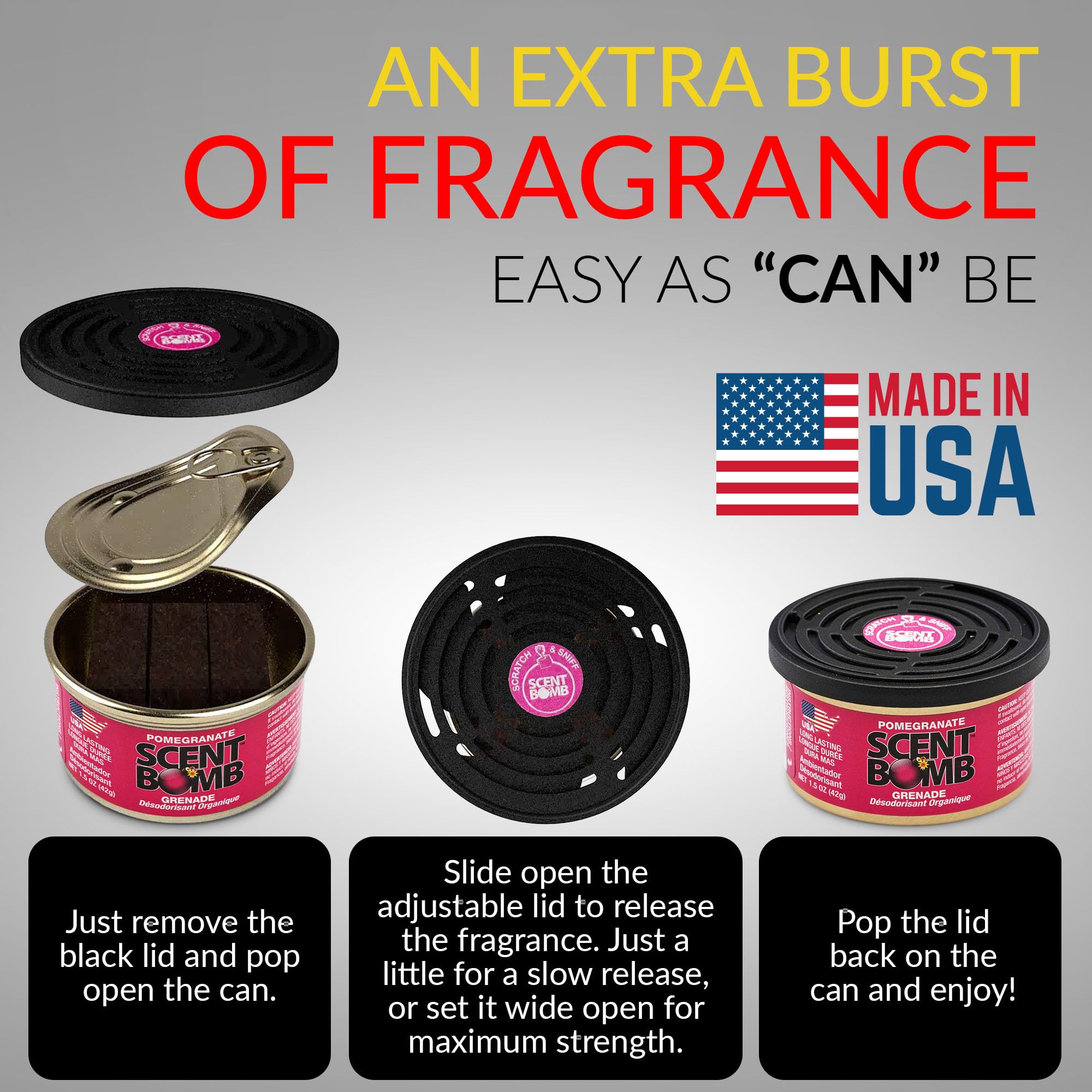 Scent Bomb Organic Air Freshener Cans, Long-Lasting Odor Eliminator, 1.5 oz (Pack of 4), Pomegranate, Non-Toxic, Spill-Proof