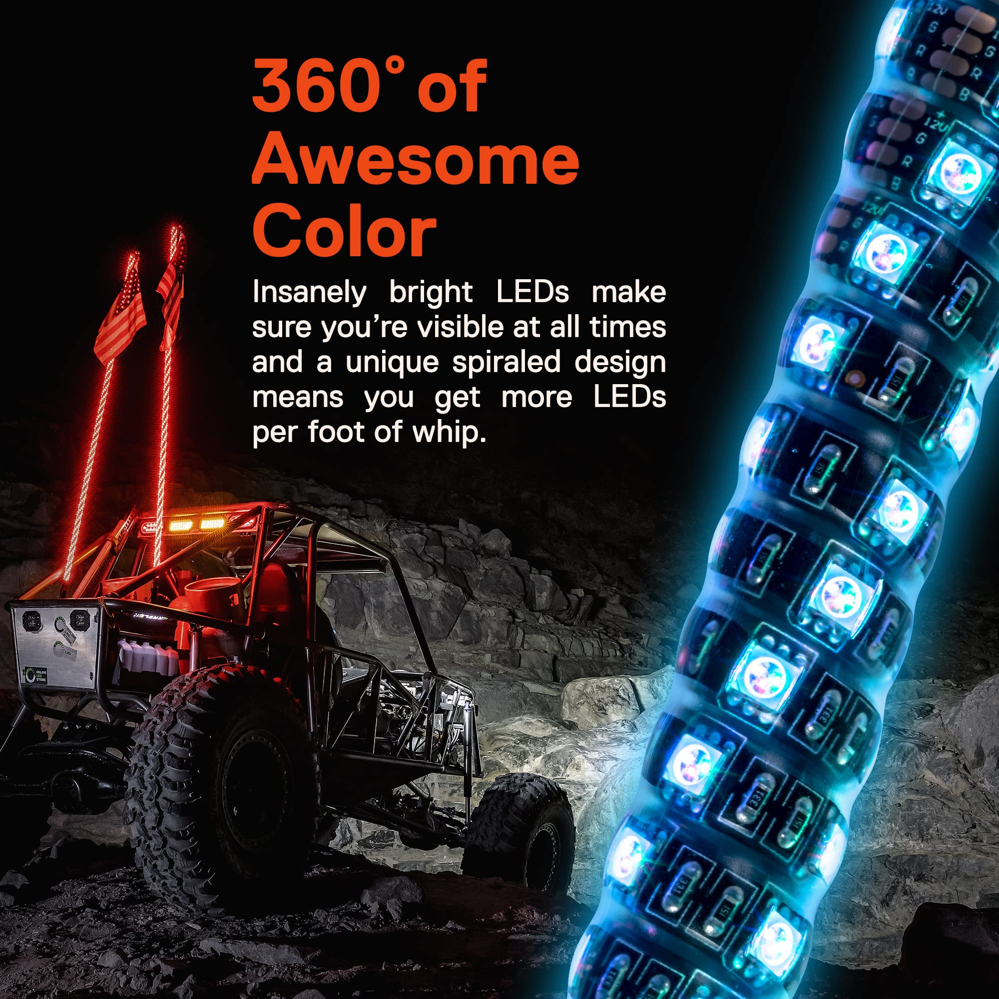 True Mods 6Ft Spiral Rgb Led Whip Light For Utv Atv [Rf Wireless Remote] Usa Flag Waterproof Led Lighted Whip Cb Antenna Pole St