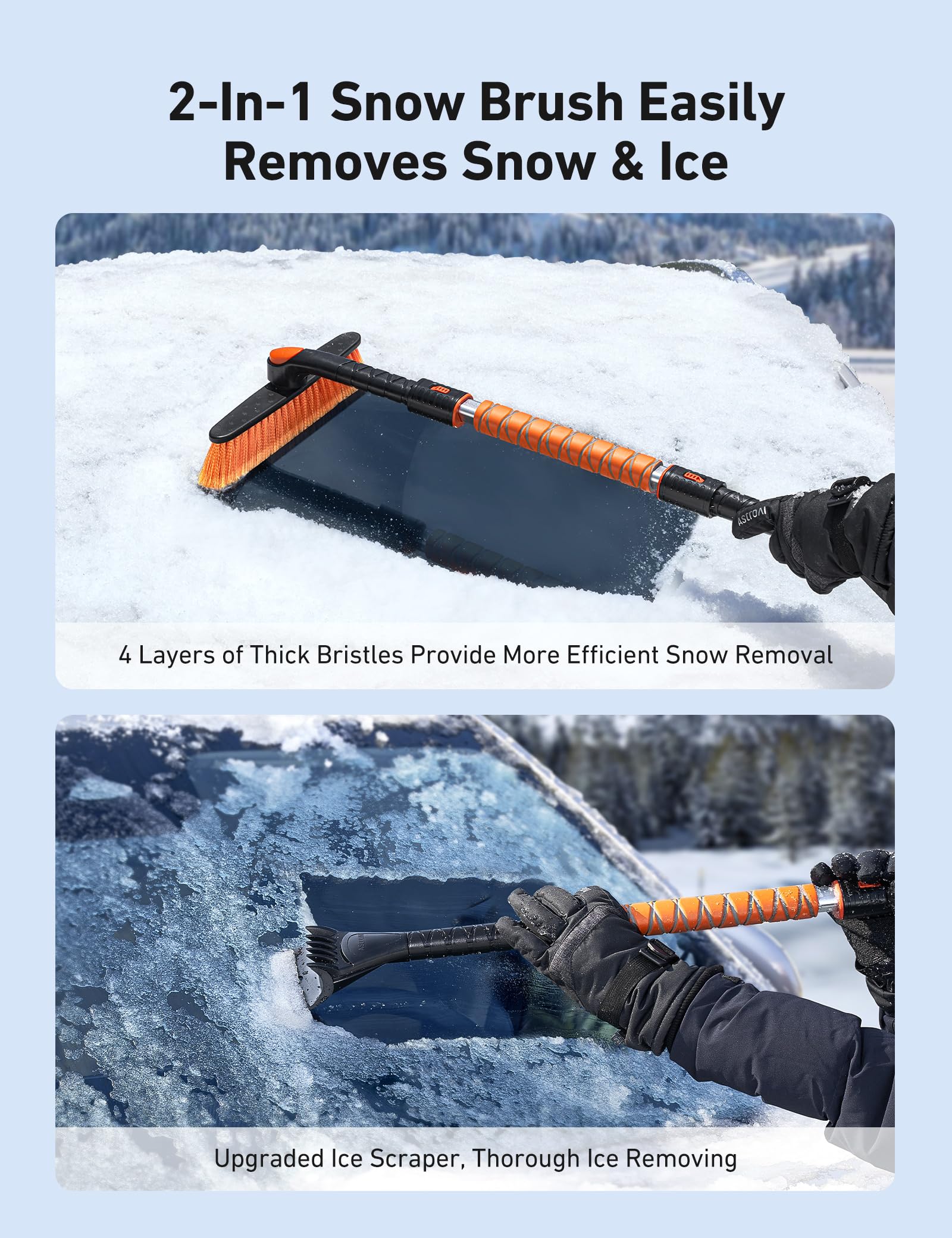 AstroAI Ice Scraper for Car Windshield, 39.37" Snow Brush with Foam Grip, Orange, Small, 360° Pivoting Brush Head