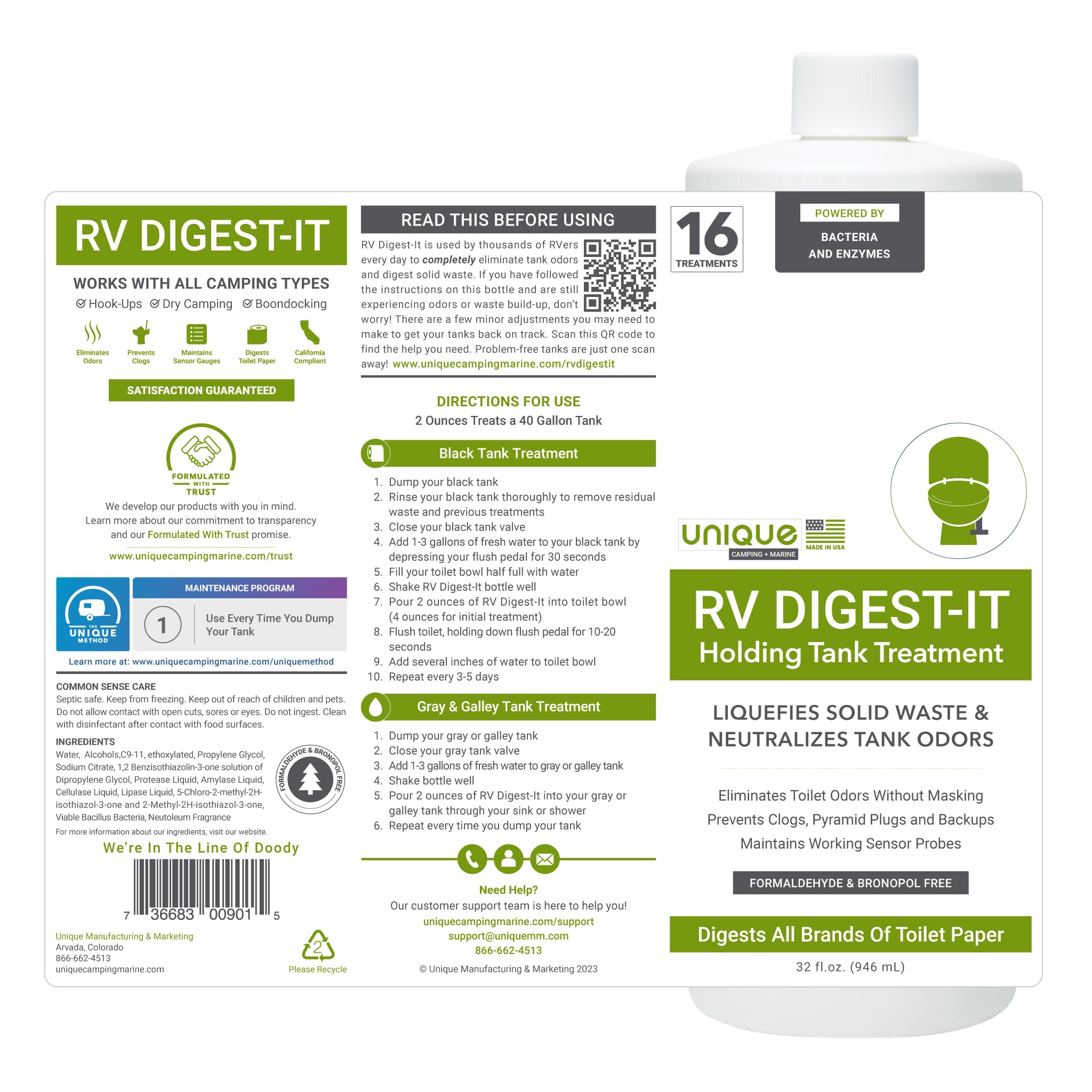 Unique RV Digest-It Classic Toilet Treatment - Eliminates Odors, Liquifies Waste - 32 oz (16 Uses) - Model 413-AZ