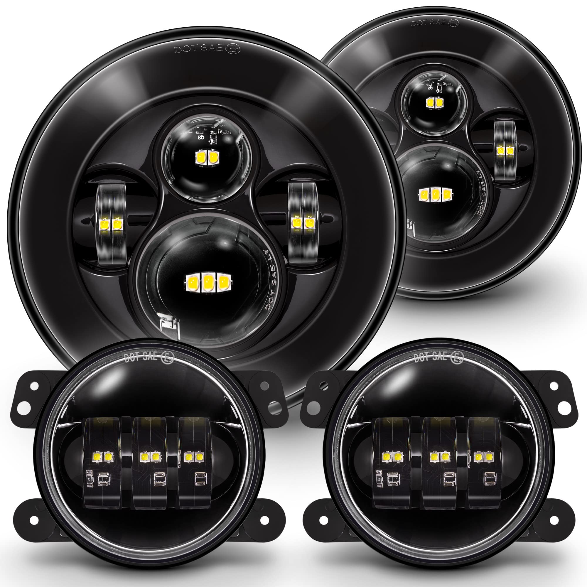 True Mods 7-Inch H6024 Led Headlights + 4-Inch Fog Lights For Jeep Wrangler Jk Unlimited Jku Accessories 2007-2018 [High/Low Sea