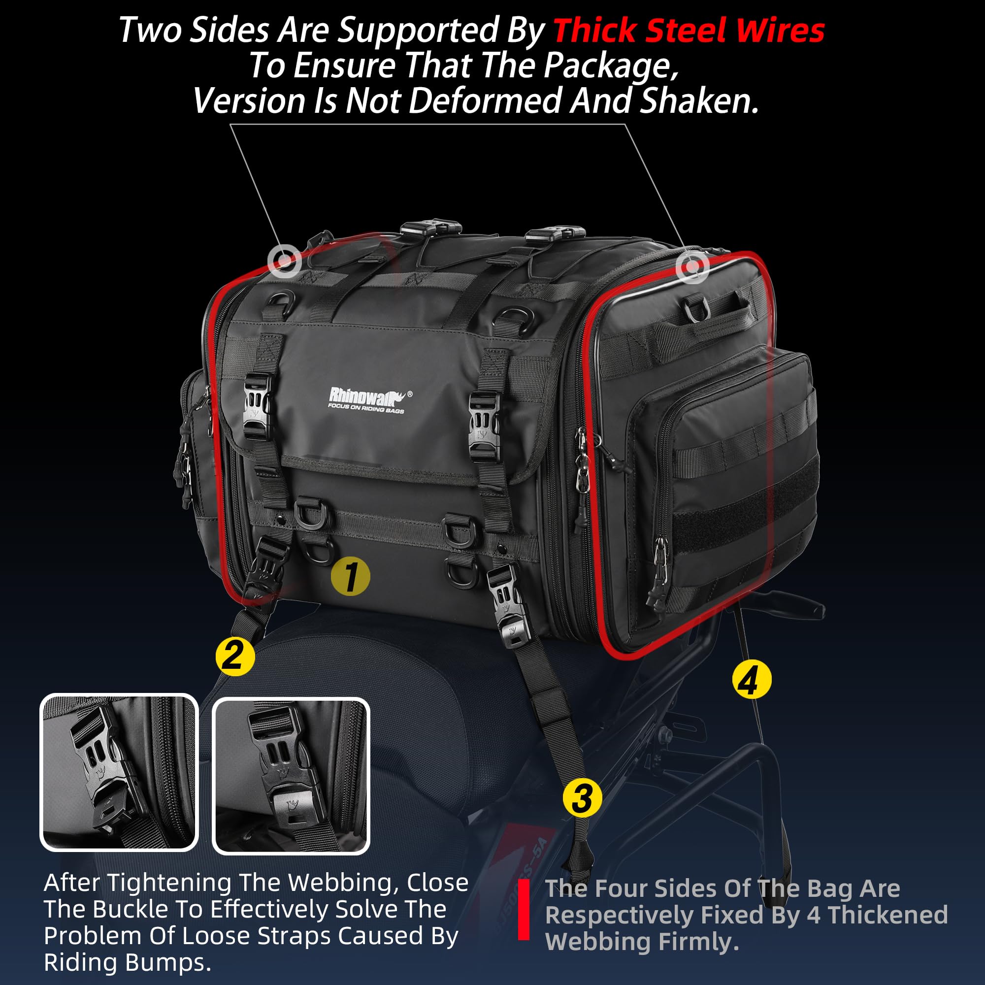 Rhinowalk Motorcycle Tail Bag - Waterproof Luggage 33-45L, PVC, Black, Model Y4045B, Expandable with Sissy Bar Straps & Rain Cover