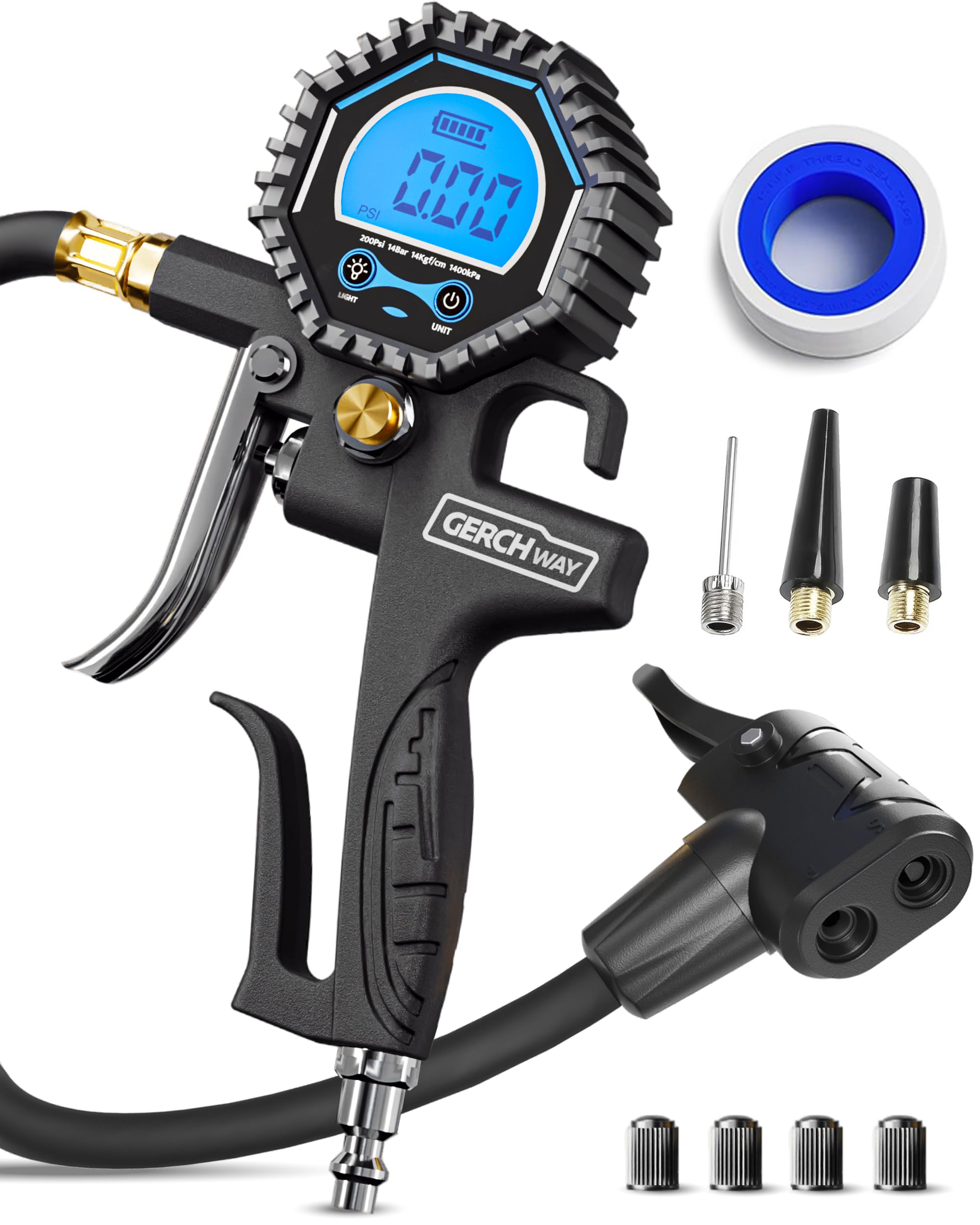 GERCHWAY Presta Valve Air Chuck - Digital Bike Tire Pressure Gauge with Inflator 1% Accuracy, 3-200 PSI - Schrader to Presta Val
