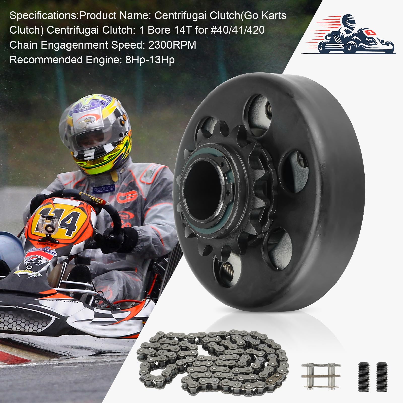 SEHNSUCHT Go Kart Clutch 1" Bore 14T with #40/41/420 Chain for 2-6.5HP Engines, Up to 2300 RPM
